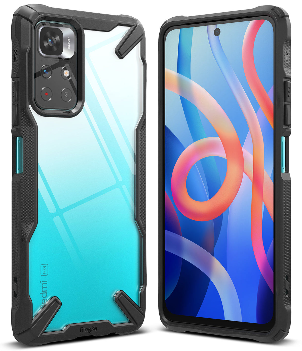 Redmi Note 11T 5G / Poco M4 Pro 5G Case | Fusion-X - Black rugged protective case with clear back on a smartphone.