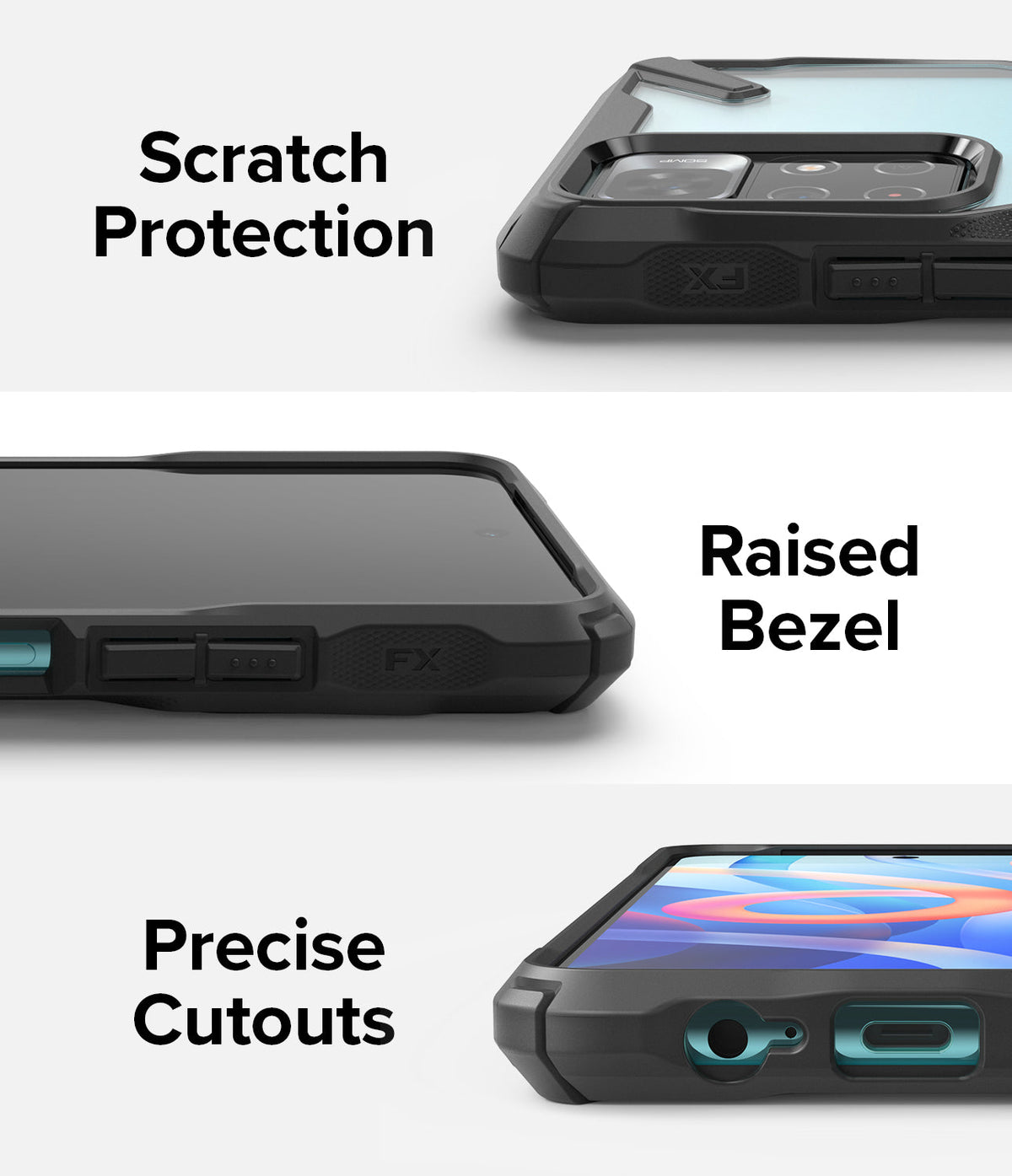 Redmi Note 11T 5G / Poco M4 Pro 5G Case | Fusion-X - Close-ups showing protective camera edges, raised screen bezels, and port cutouts.