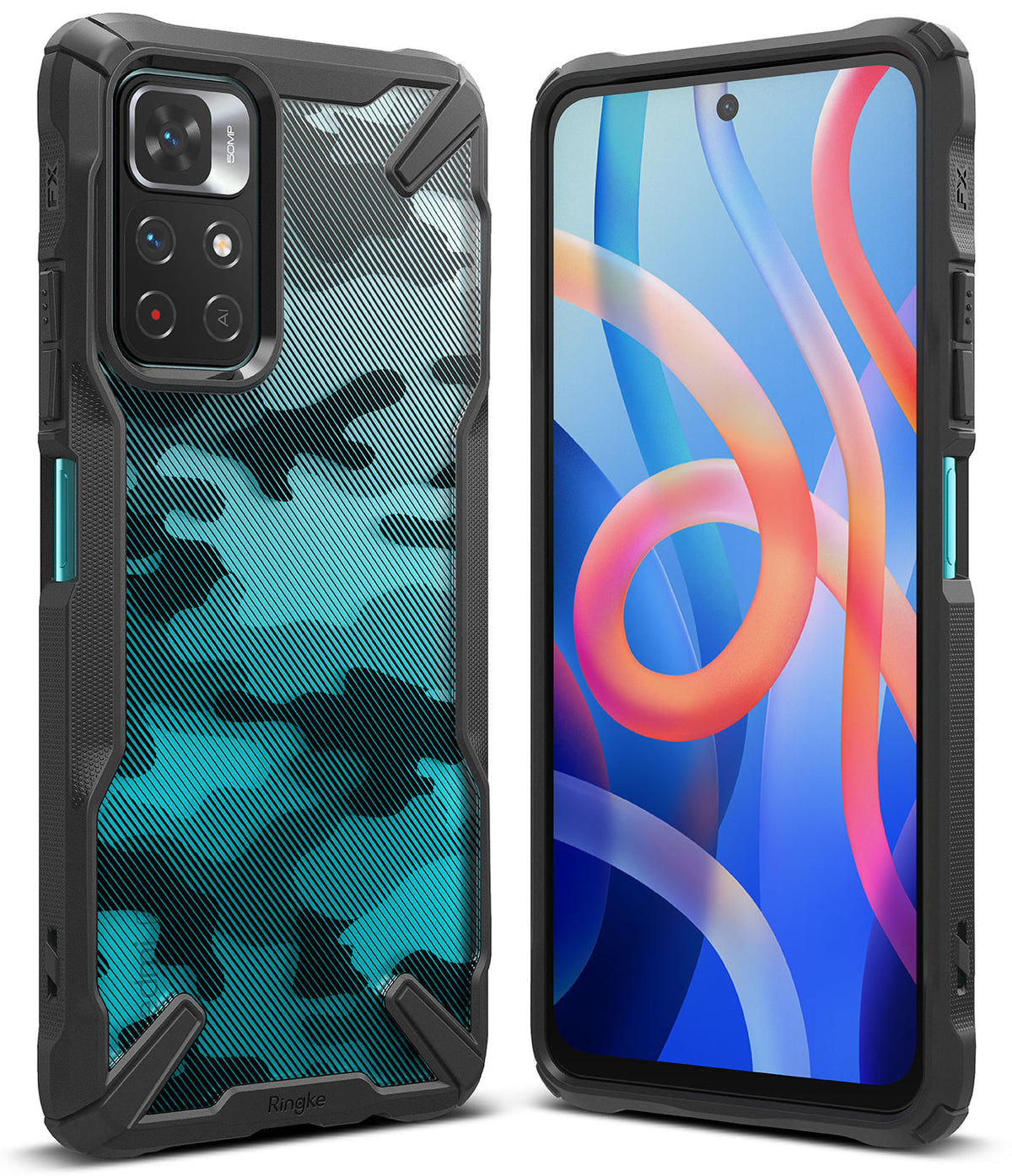 Redmi Note 11T 5G / Poco M4 Pro 5G Case | Fusion-X - Black rugged phone case with blue camo back and front view.