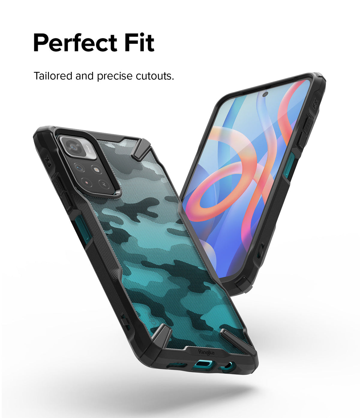 Redmi Note 11T 5G / Poco M4 Pro 5G Case | Fusion-X - Two views of a black phone case with a blue camo back pattern.
