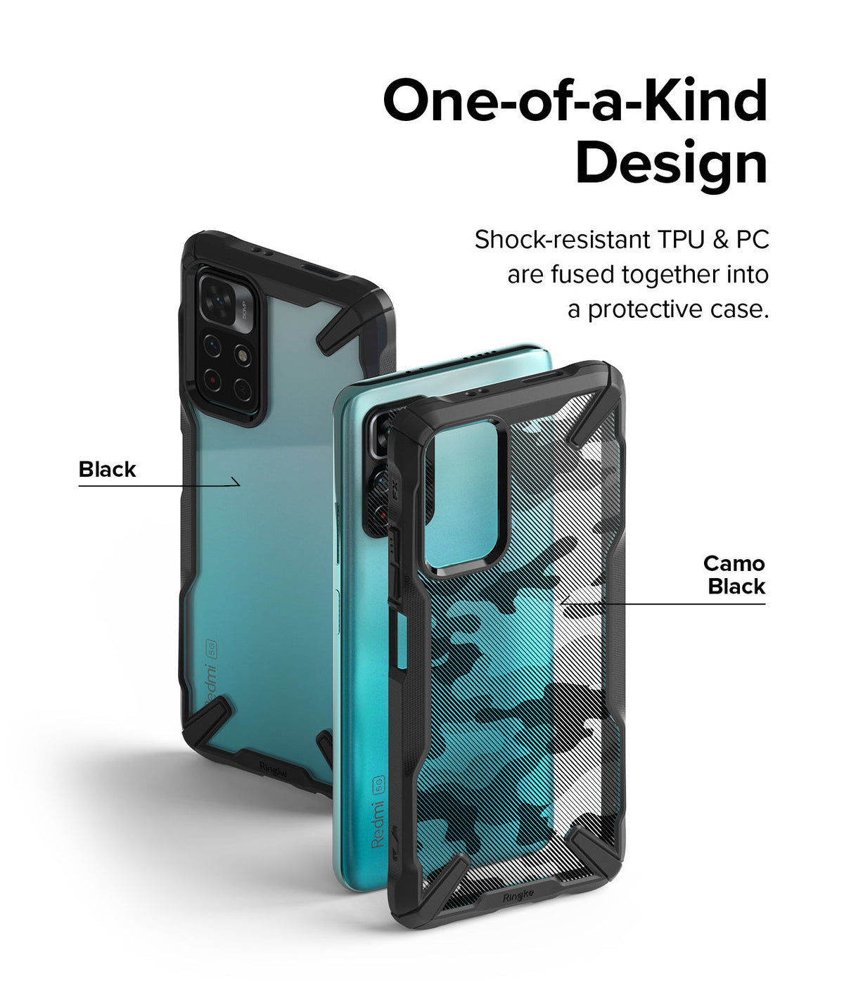 Redmi Note 11T 5G / Poco M4 Pro 5G Case | Fusion-X - Two phones in black and camo black protective cases on white.