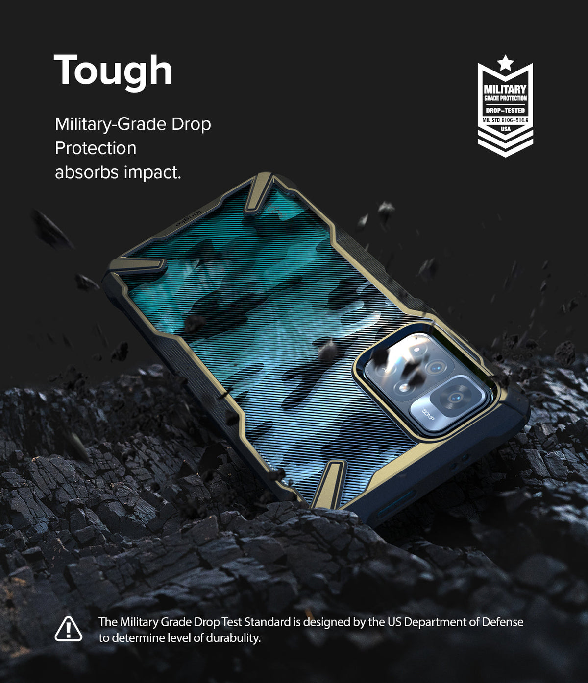 Redmi Note 11T 5G / Poco M4 Pro 5G Case | Fusion-X - Redmi Note 11T 5G / Poco M4 Pro 5G Case - Fusion-X camouflage phone case on dark, rugged terrain with military-grade badge.