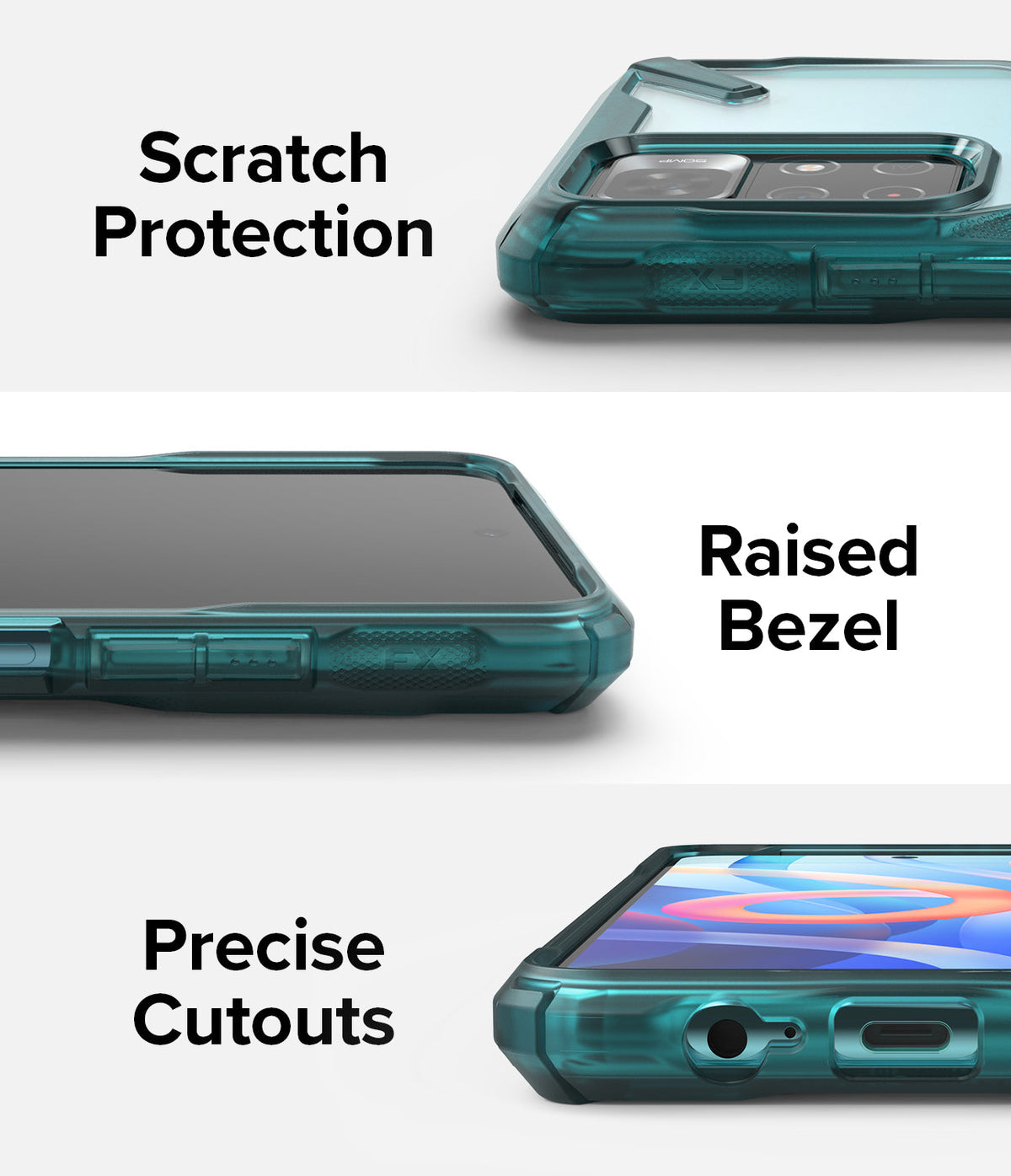 Redmi Note 11T 5G / Poco M4 Pro 5G Case | Fusion-X - Close-ups showing scratch protection, raised bezels, and cutouts.