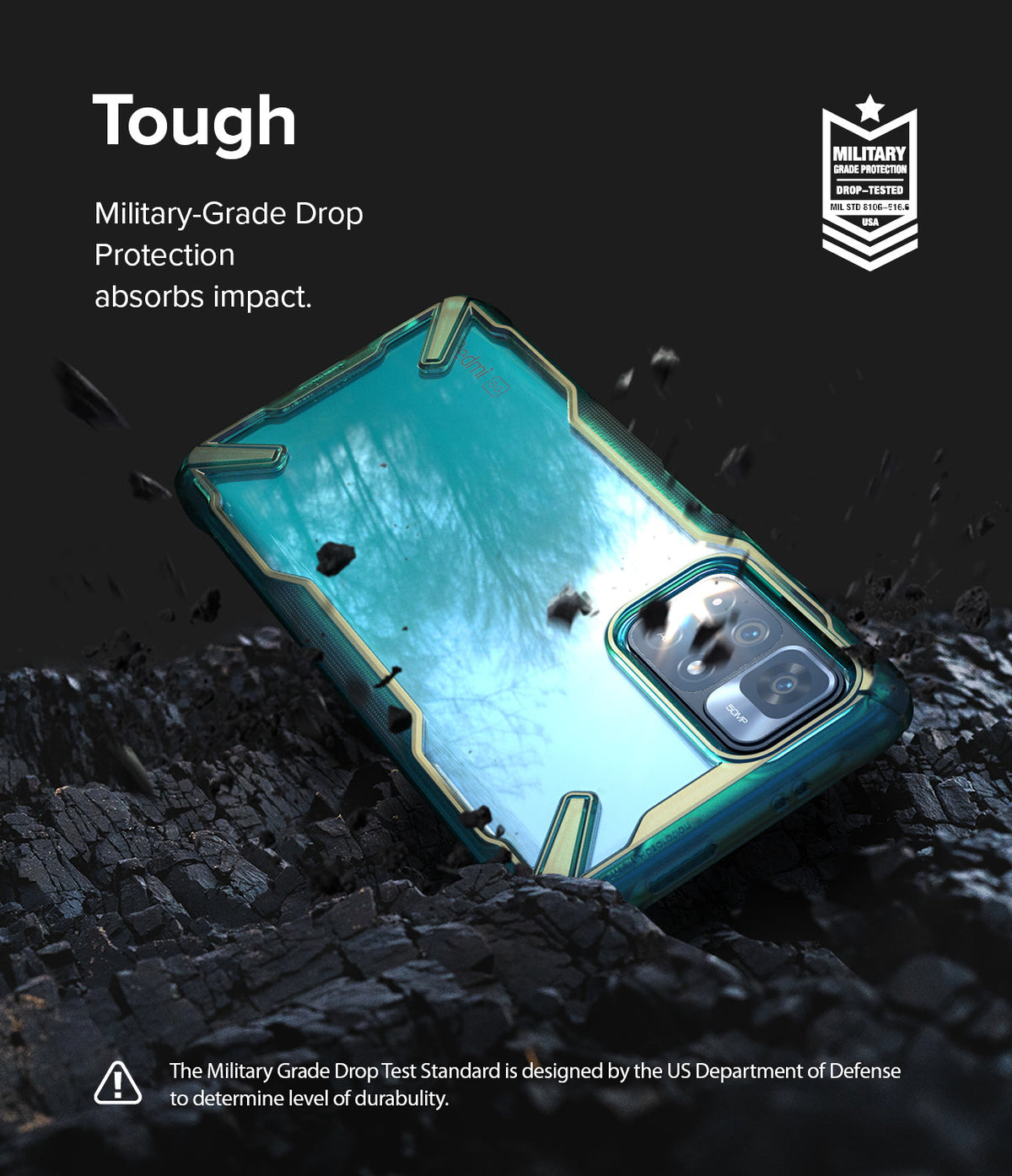 Redmi Note 11T 5G / Poco M4 Pro 5G Case | Fusion-X - Protective phone case on dark, rocky ground with debris flying.