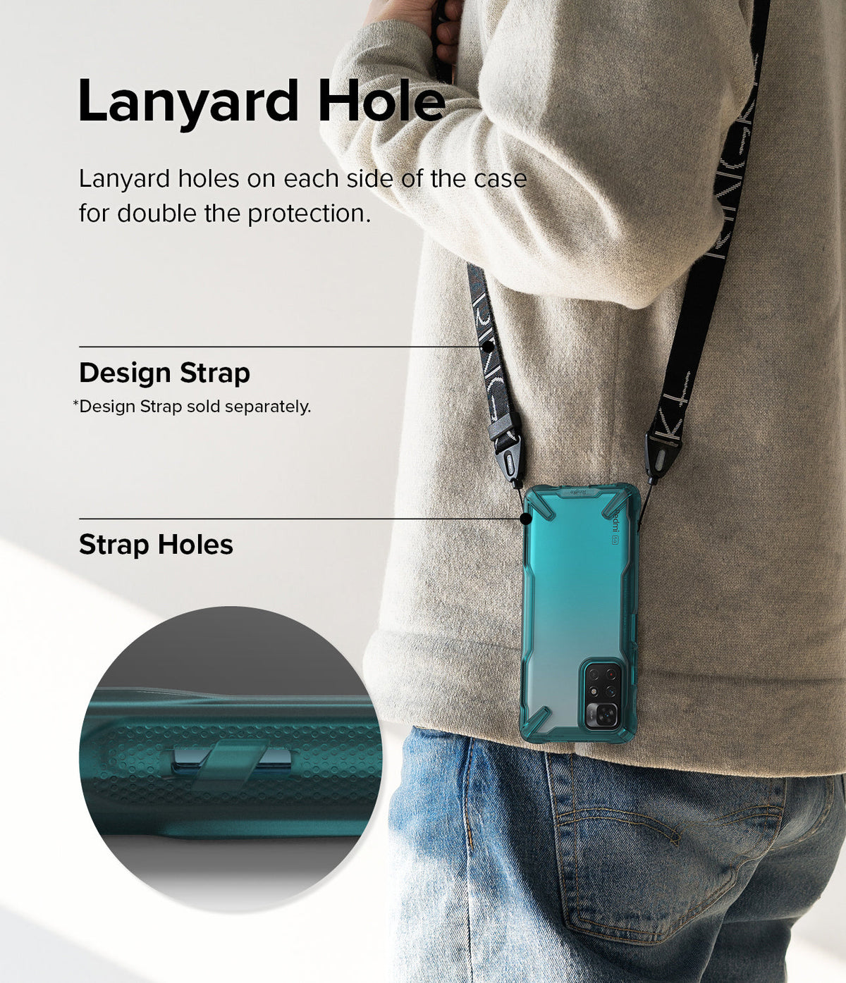 Redmi Note 11T 5G / Poco M4 Pro 5G Case | Fusion-X - Phone in a teal case hanging from a neck strap via side holes.