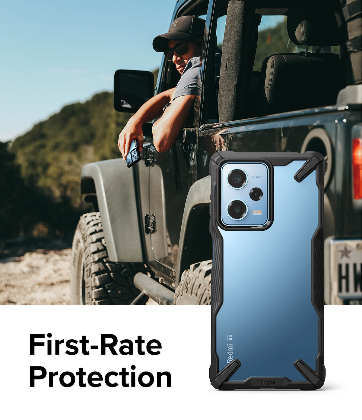 Redmi Note 12 Pro 5G / Poco X5 Pro 5G Case | Fusion-X - Black rugged phone case on a blue phone against an off-road jeep.