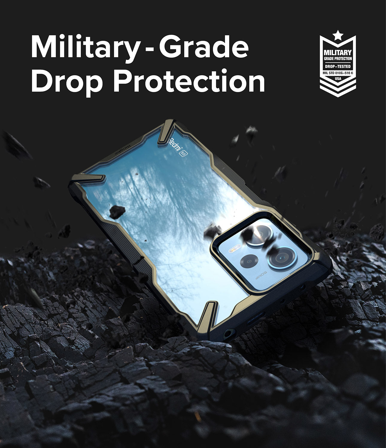 Redmi Note 12 Pro 5G / Poco X5 Pro 5G Case | Fusion-X - Rugged phone case on dark, rocky ground with drop protection text.