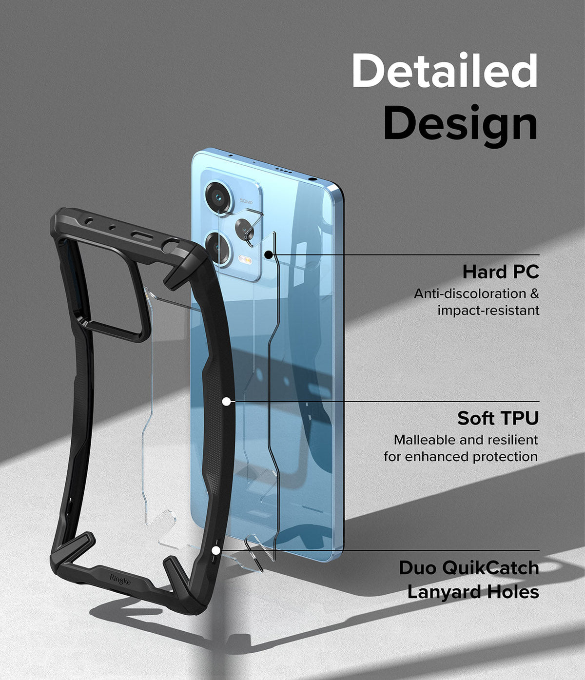 Redmi Note 12 Pro 5G / Poco X5 Pro 5G Case | Fusion-X - Exploded view of a phone case highlighting PC, TPU, and lanyard holes.