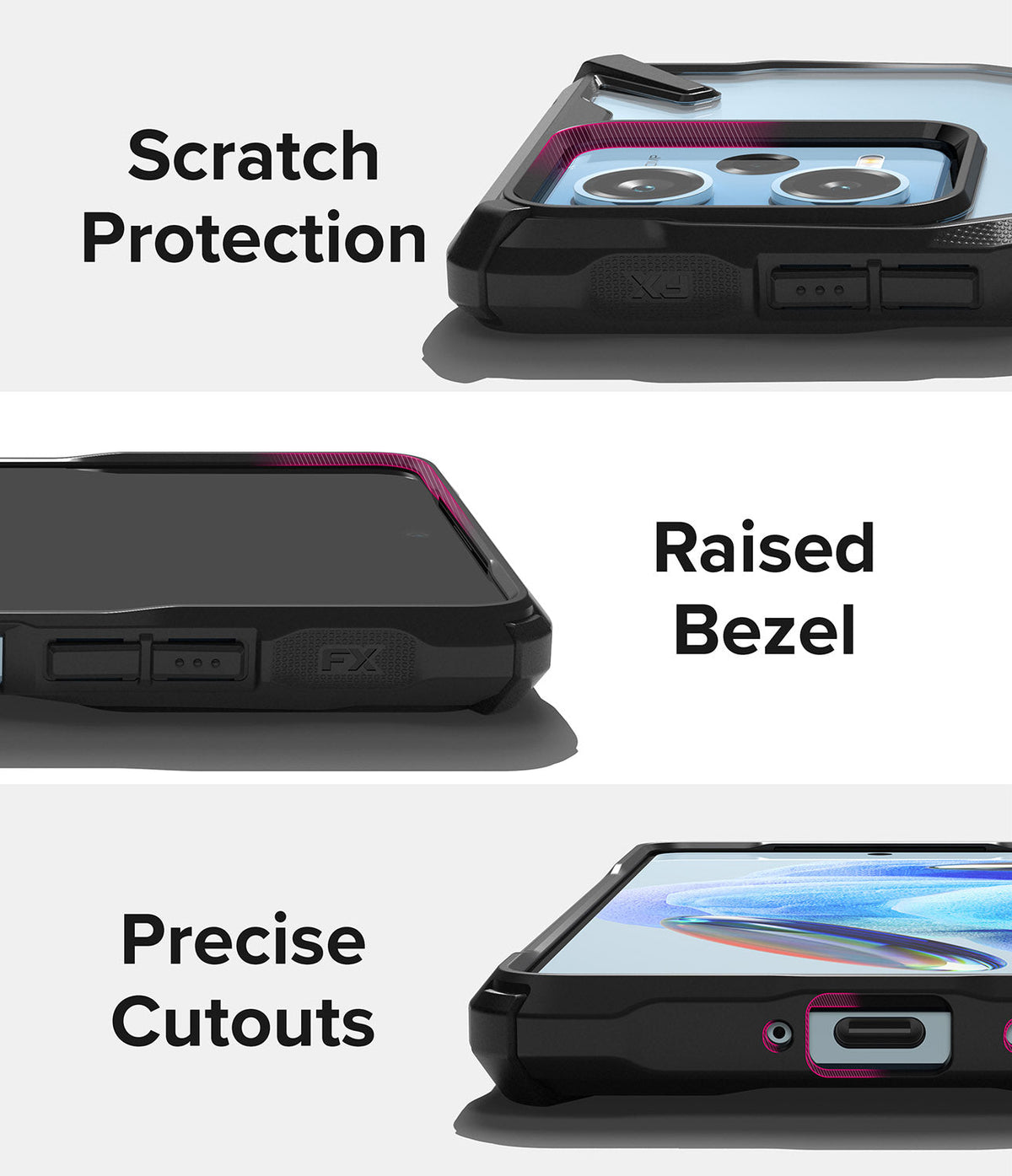 Redmi Note 12 Pro 5G / Poco X5 Pro 5G Case | Fusion-X - Three close-up views showing camera protection, raised screen bezels, and precise port cutouts.