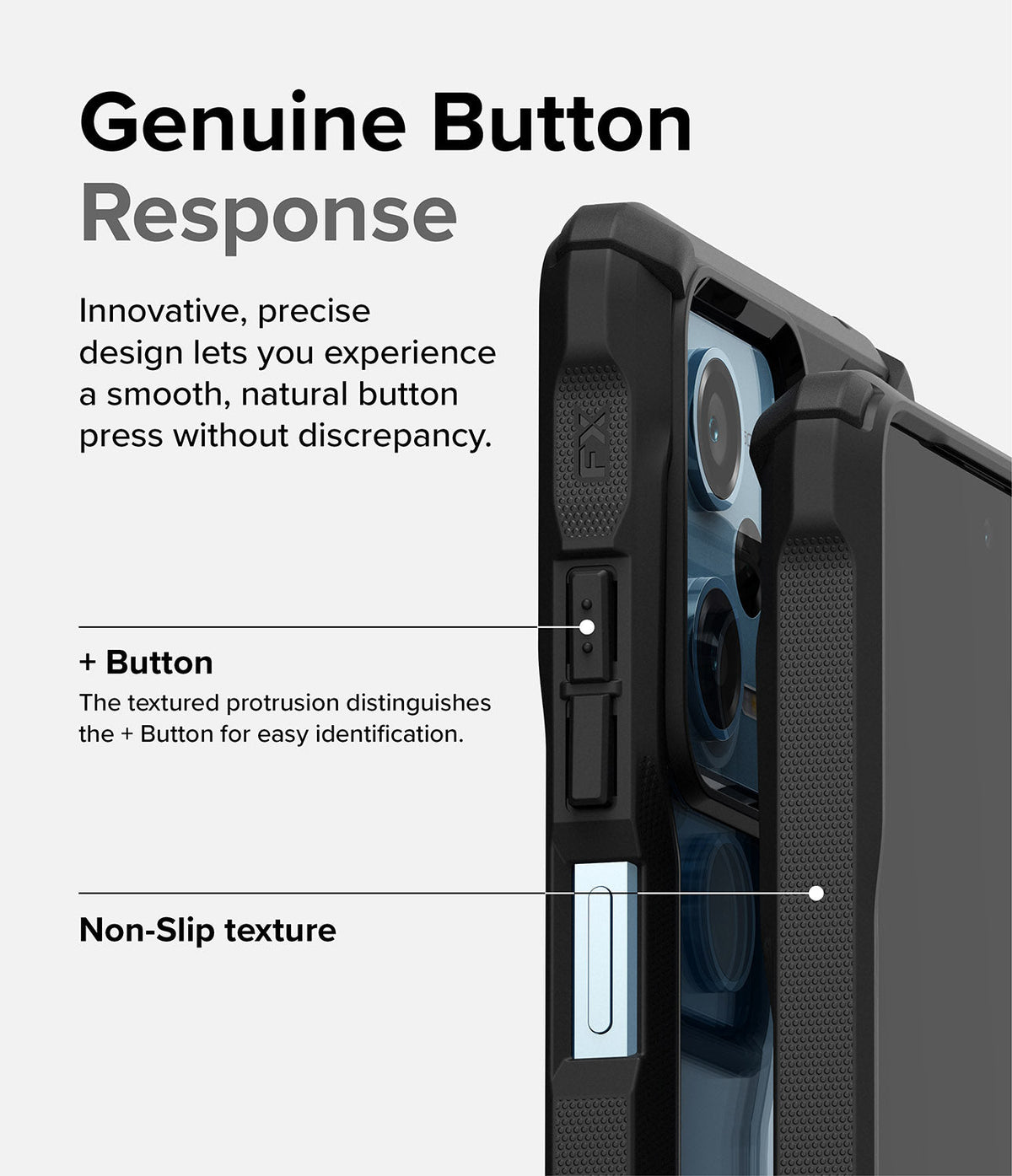 Redmi Note 12 Pro 5G / Poco X5 Pro 5G Case | Fusion-X - Close-up of phone case buttons with textured grip and labels.