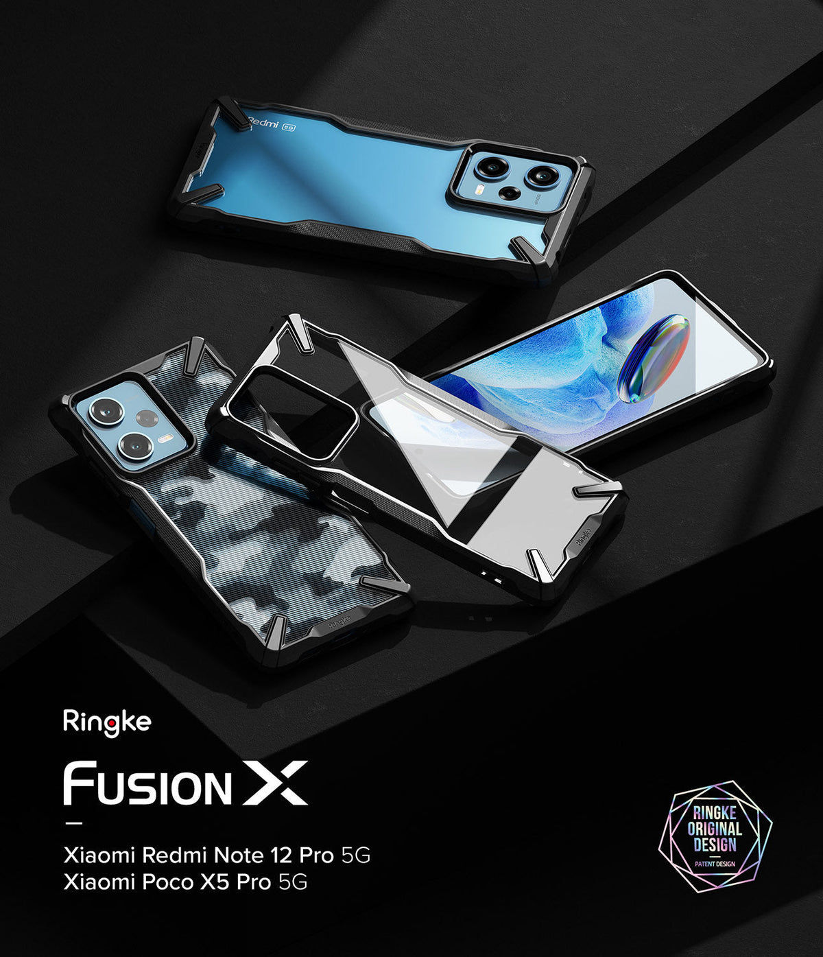 Redmi Note 12 Pro 5G / Poco X5 Pro 5G Case | Fusion-X - Three smartphones in protective cases displayed on a black surface.