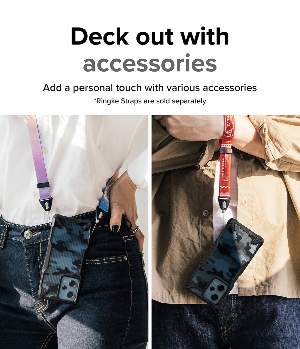 Redmi Note 12 Pro 5G / Poco X5 Pro 5G Case | Fusion-X - Two people wearing camo phone cases on colorful neck straps.