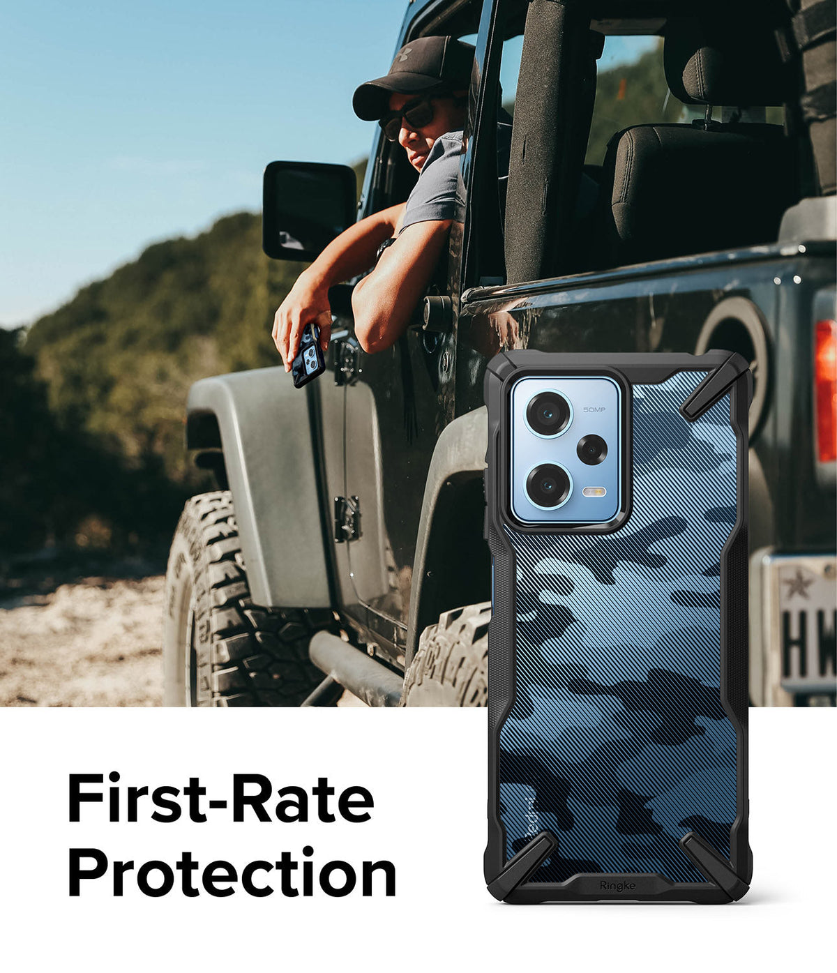 Redmi Note 12 Pro 5G / Poco X5 Pro 5G Case | Fusion-X - Blue camo phone case with black frame against a Jeep background.