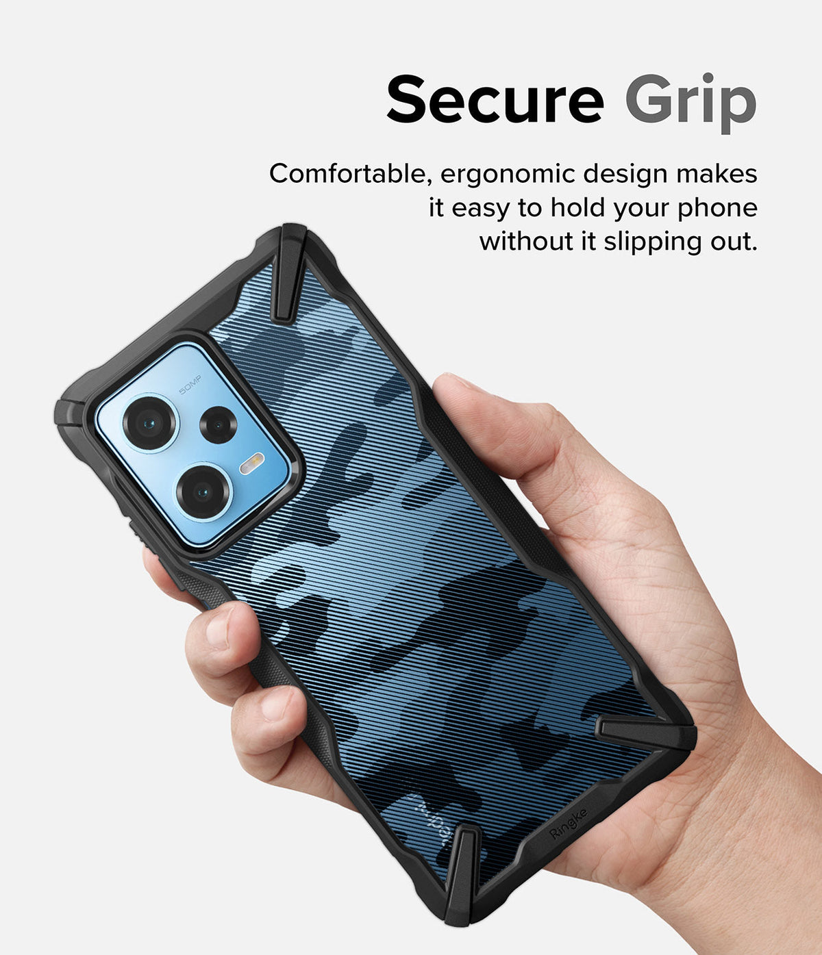Redmi Note 12 Pro 5G / Poco X5 Pro 5G Case | Fusion-X - Hand holding phone with blue camo case and black bumper frame.