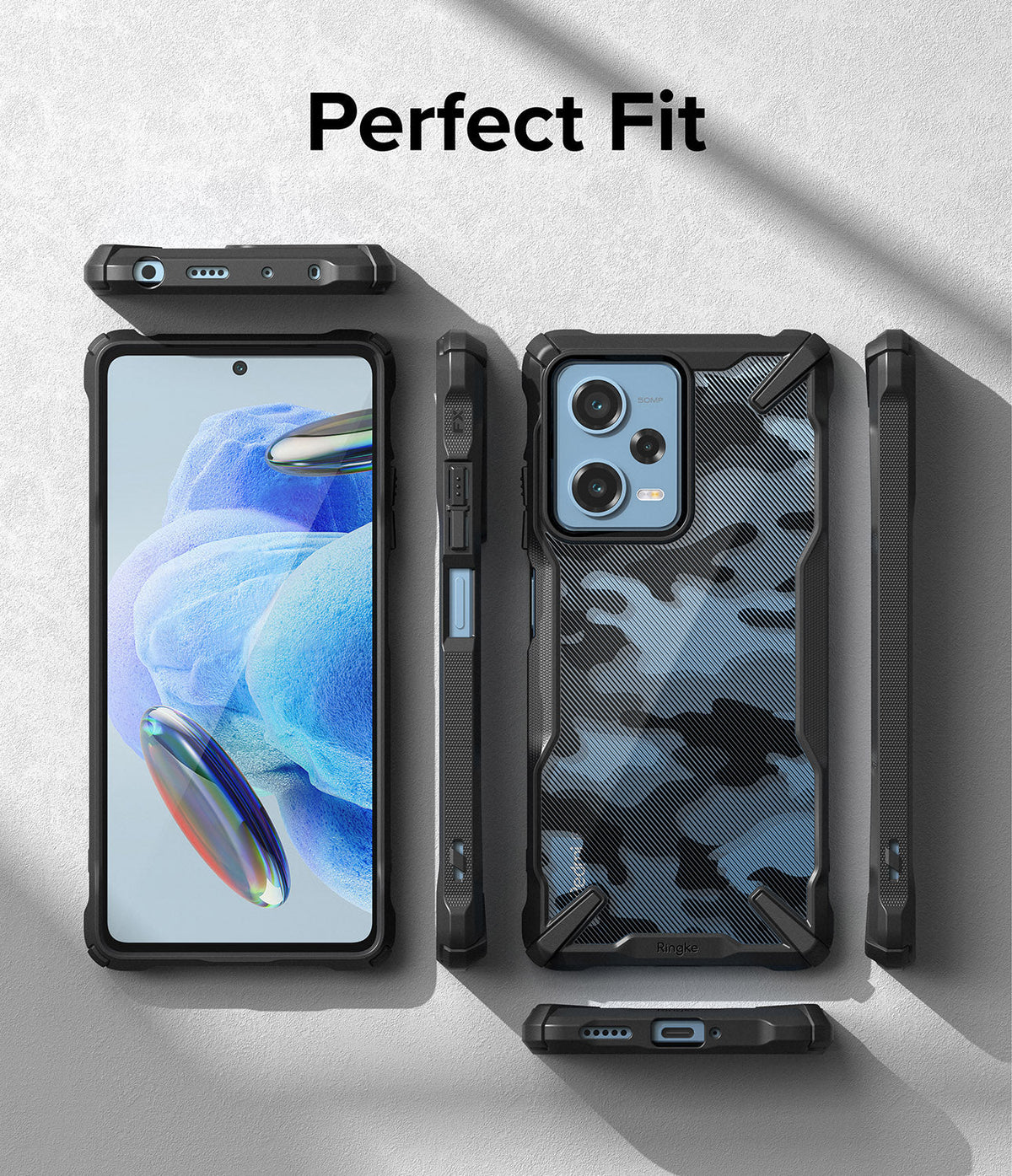 Redmi Note 12 Pro 5G / Poco X5 Pro 5G Case | Fusion-X - Camouflage phone case shown from multiple angles on gray.