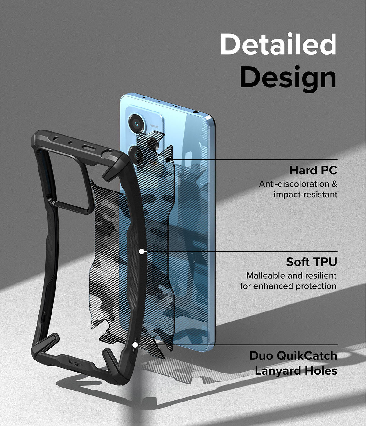 Redmi Note 12 Pro 5G / Poco X5 Pro 5G Case | Fusion-X - Exploded view of phone case showing hard PC, soft TPU, and lanyard holes.