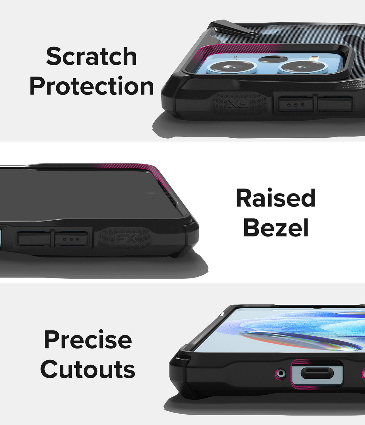 Redmi Note 12 Pro 5G / Poco X5 Pro 5G Case | Fusion-X - Close-ups showing camera protection, raised screen bezels, and ports.