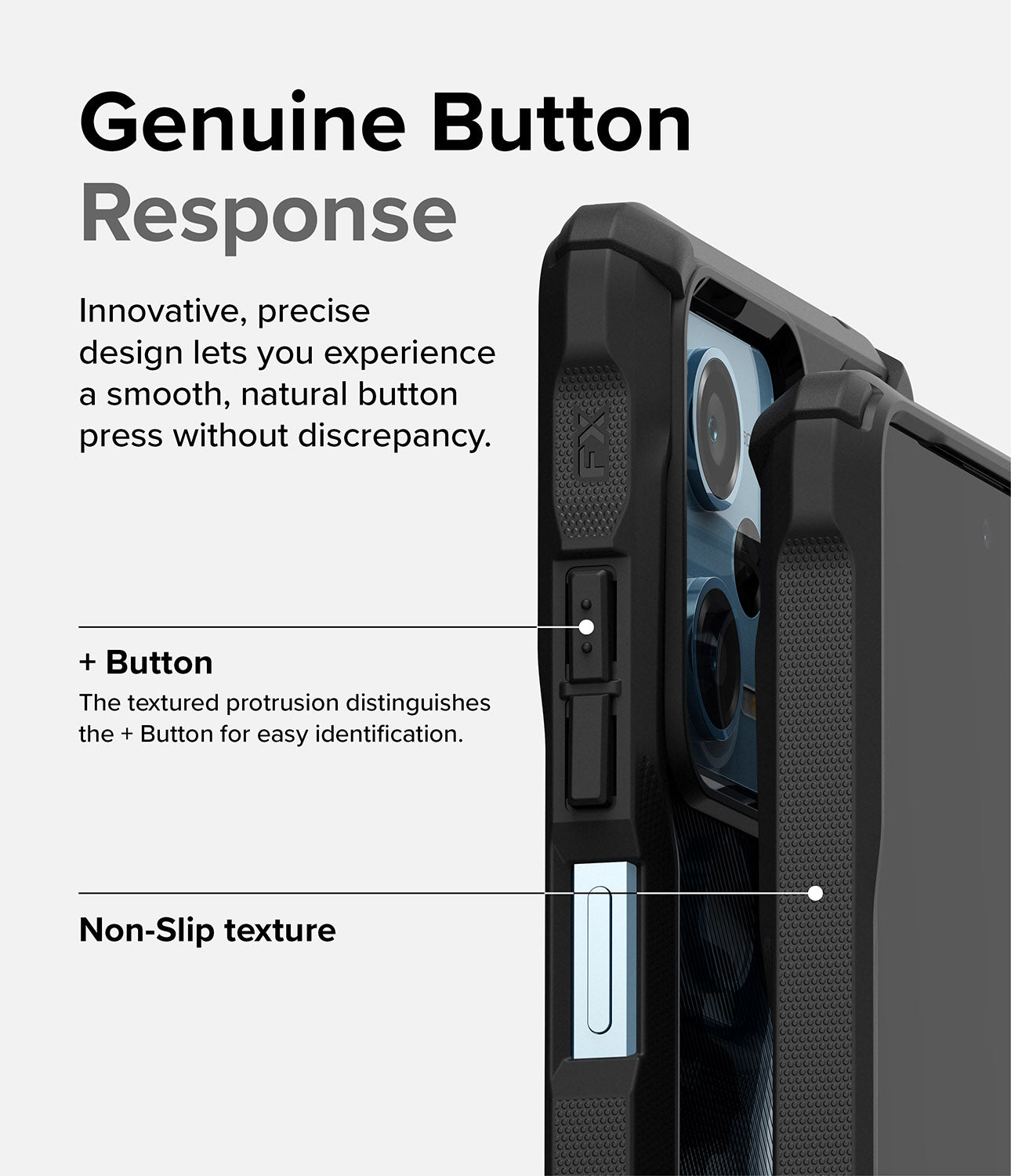 Redmi Note 12 Pro 5G / Poco X5 Pro 5G Case | Fusion-X - Close-up of phone case buttons with textured grip and labels.