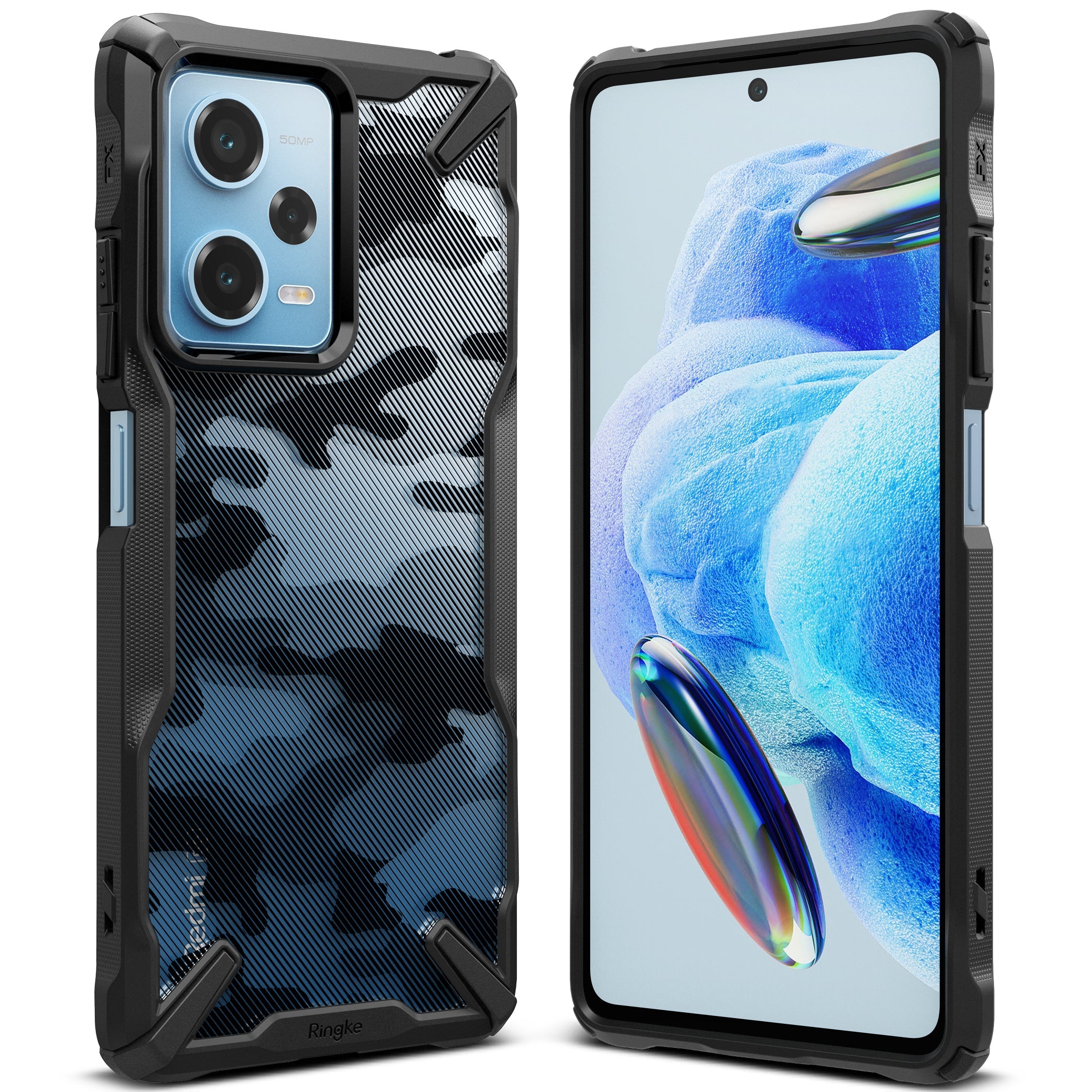 Redmi Note 12 Pro 5G / Poco X5 Pro 5G Case | Fusion-X - Black rugged phone case with blue camo back and screen view.