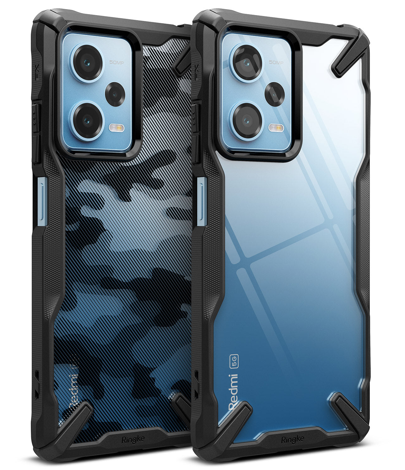 Redmi Note 12 Pro 5G / Poco X5 Pro 5G Case | Fusion-X - Two rugged black phone cases with camo and clear back panels.