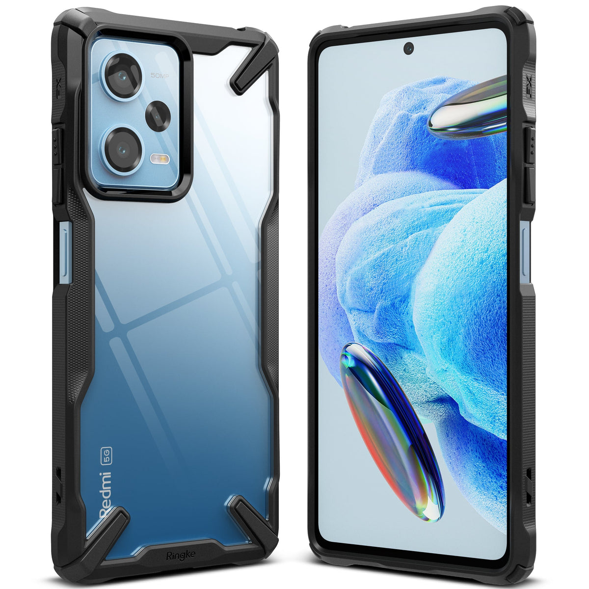 Redmi Note 12 Pro 5G / Poco X5 Pro 5G Case | Fusion-X - Rugged black protective case on a blue smartphone, front and back.
