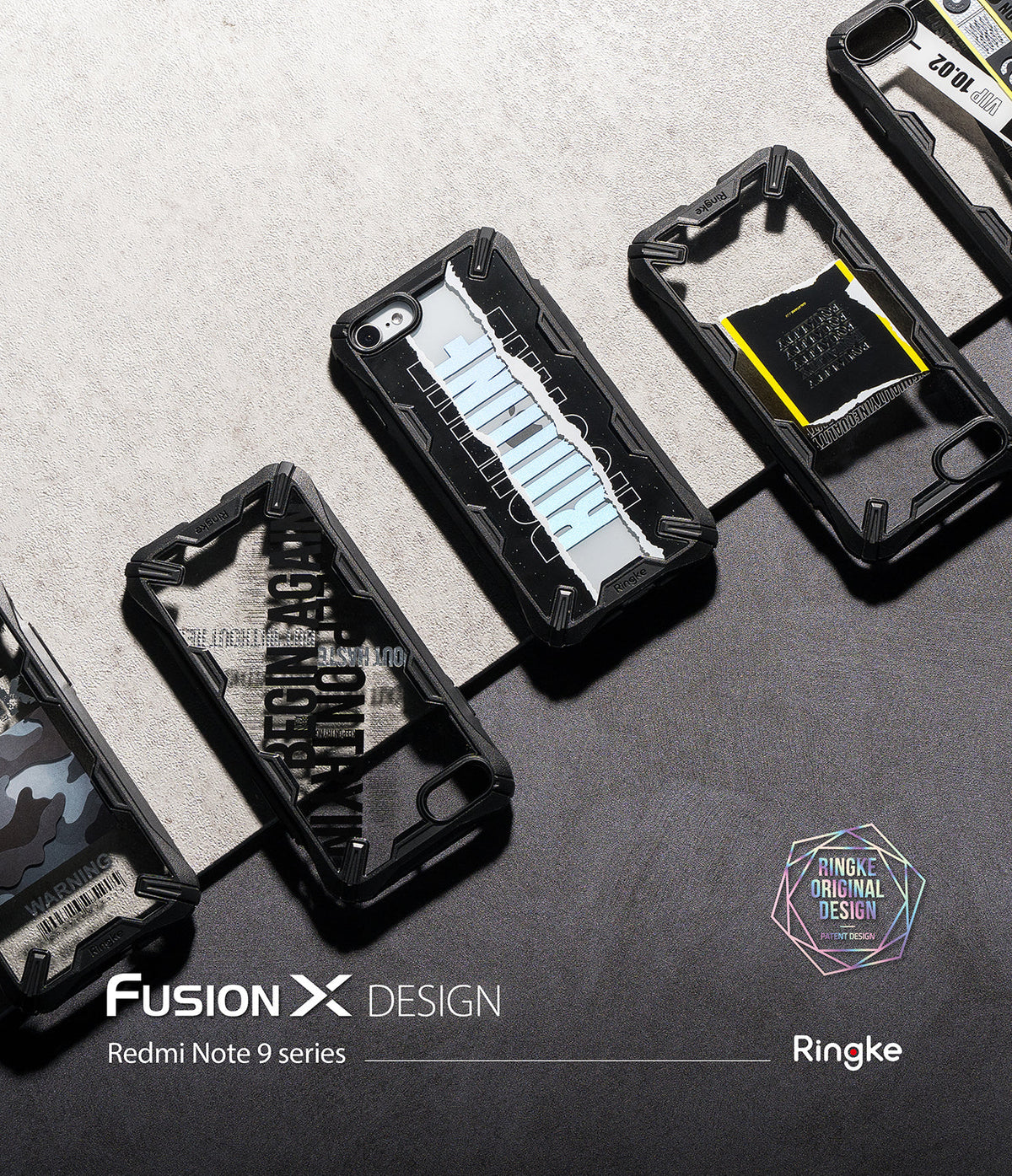 Redmi Note 9 Pro / 9 Pro Max Case | Fusion-X Design 02. Cross - Redmi Note 9 Pro / 9 Pro Max Case - Four rugged black phone cases with unique graphic inserts arranged on a textured surface.