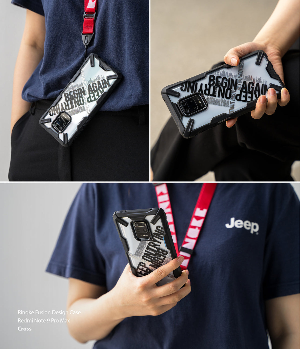 Redmi Note 9 Pro / 9 Pro Max Case | Fusion-X Design 02. Cross - A person holding a phone with a black, rugged case featuring "BEGIN AGAIN" text.