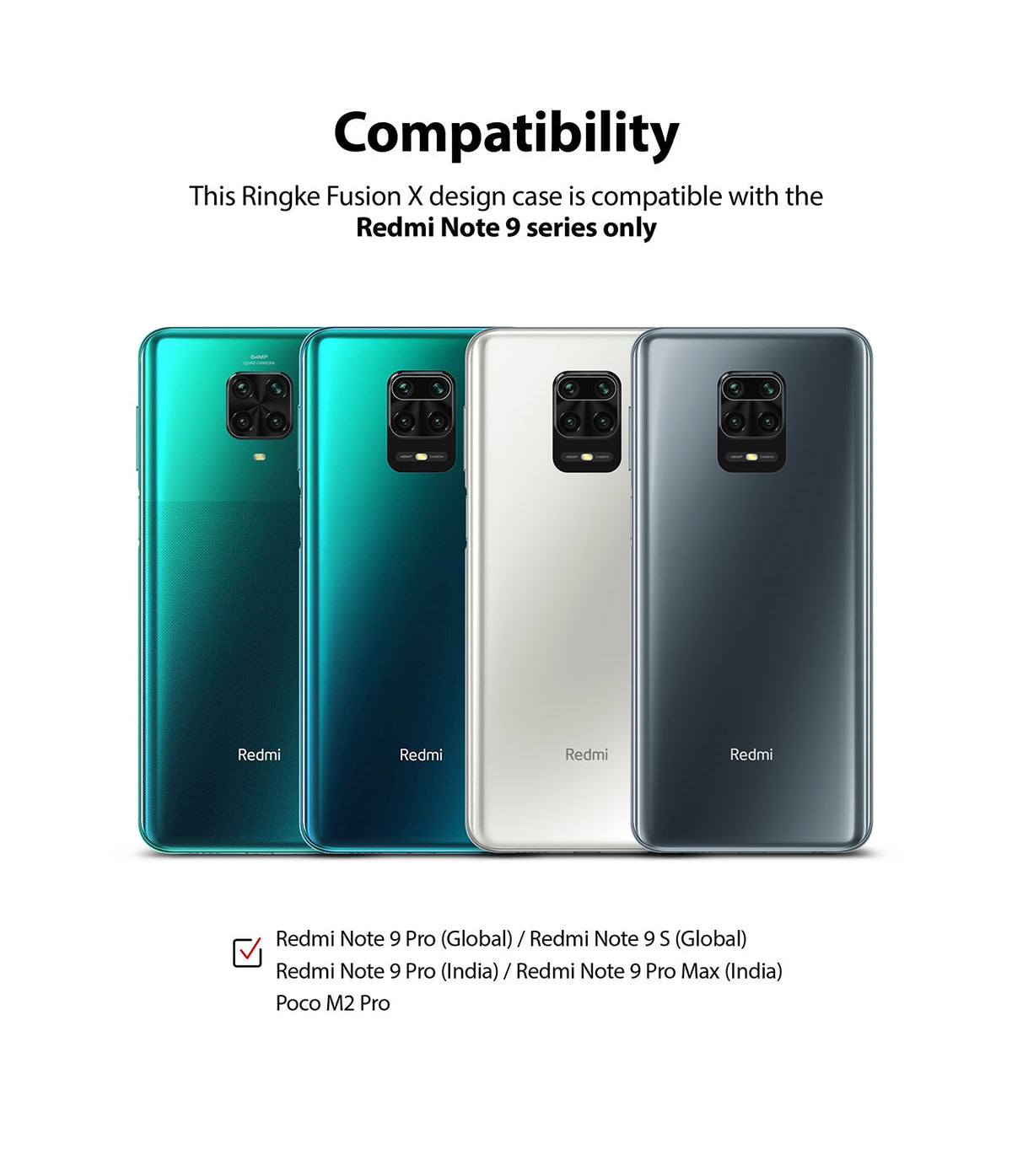 Redmi Note 9 Pro / 9 Pro Max Case | Fusion-X Design 02. Cross - Four Redmi Note 9 series phones in different colors.