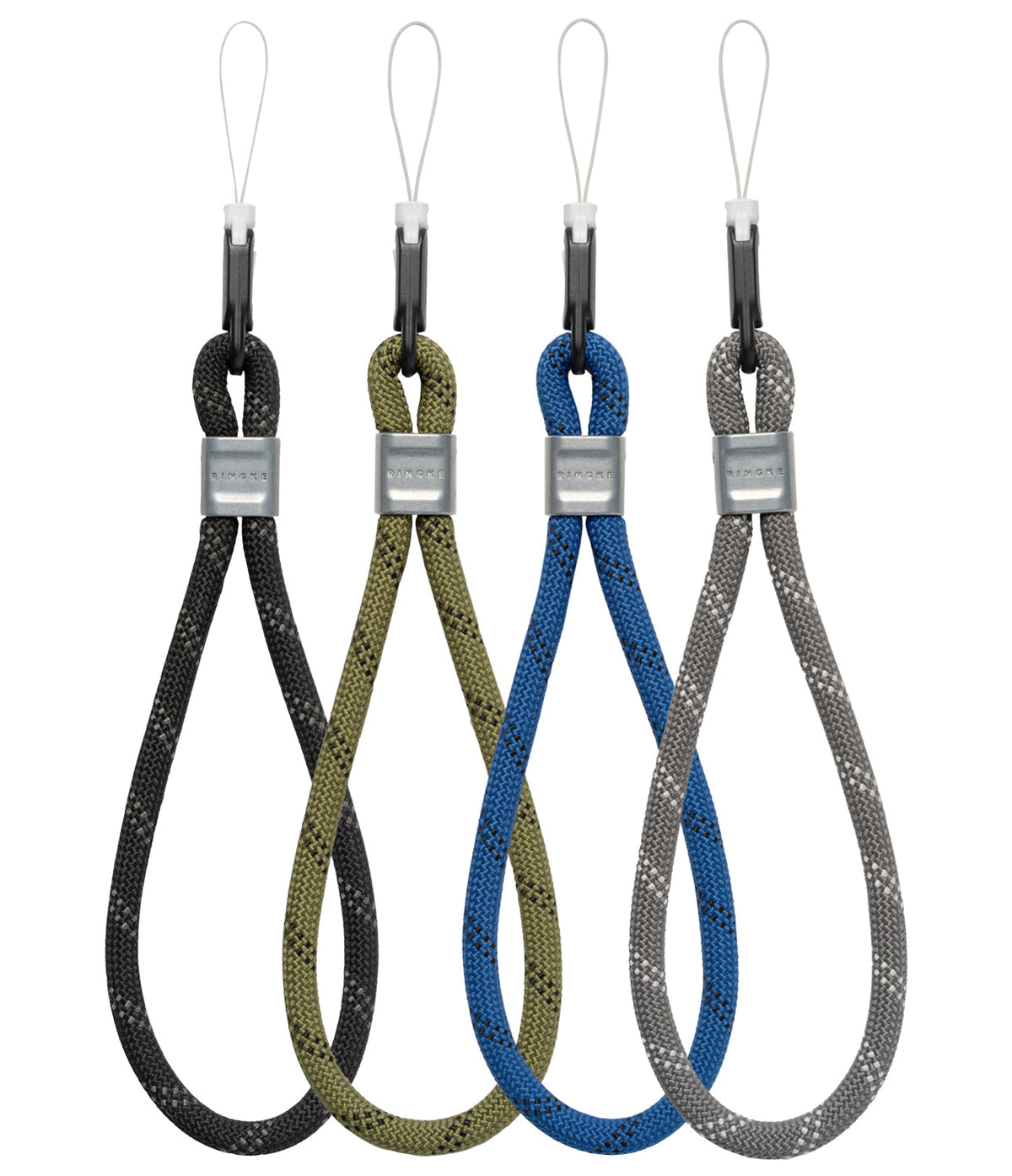 Rope Hand Strap - Four braided rope wrist straps in black, olive, blue, and gray with metal clasps and loop attachments.