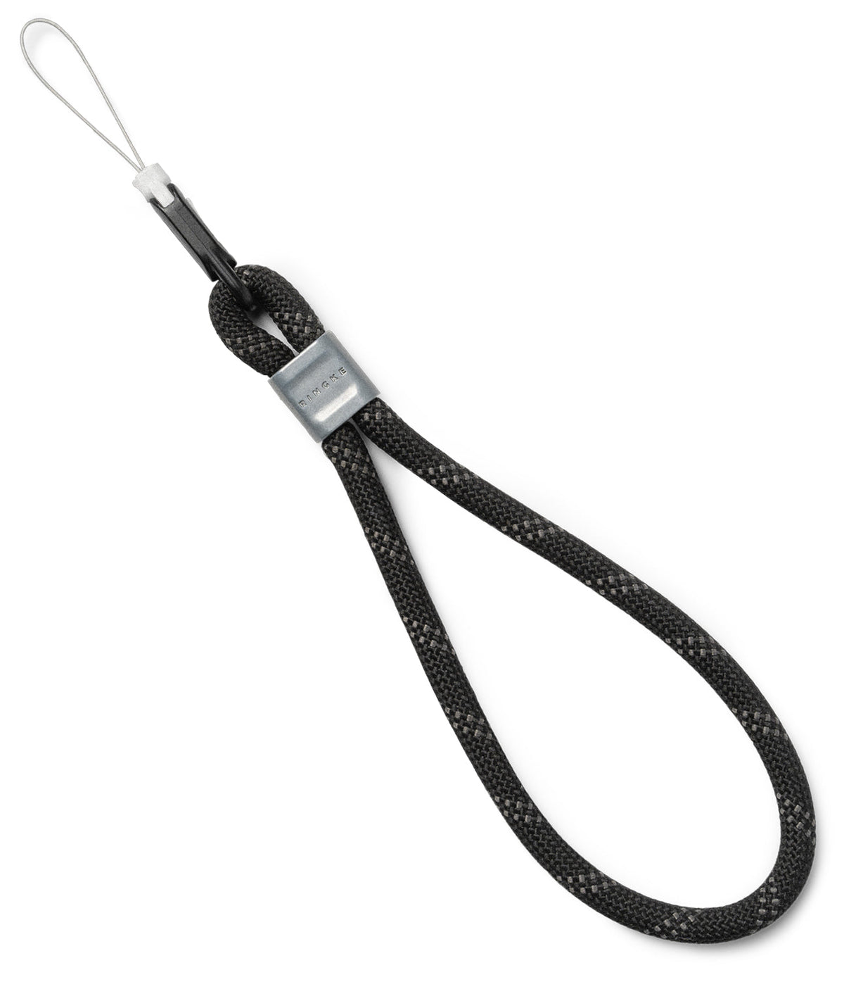 Rope Hand Strap - Black woven rope wrist lanyard with a silver Ringke branded metal slider and a thin attachment loop.