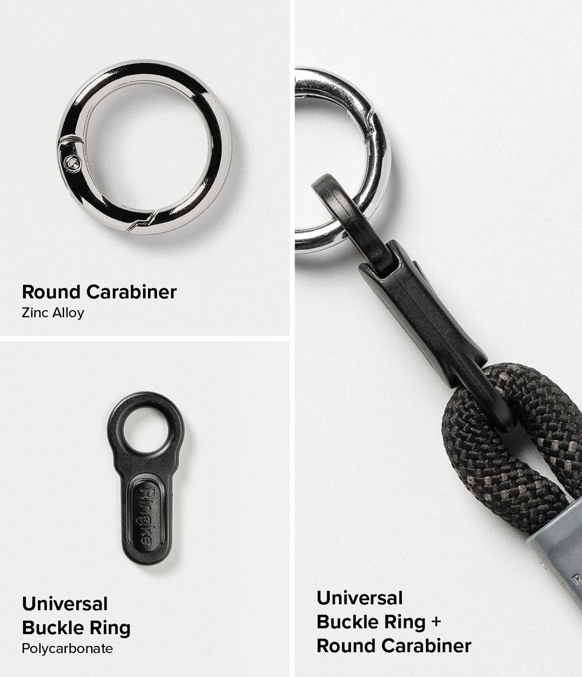 Rope Hand Strap - Close-up of a zinc alloy round carabiner, a polycarbonate universal buckle ring, and their assembly.