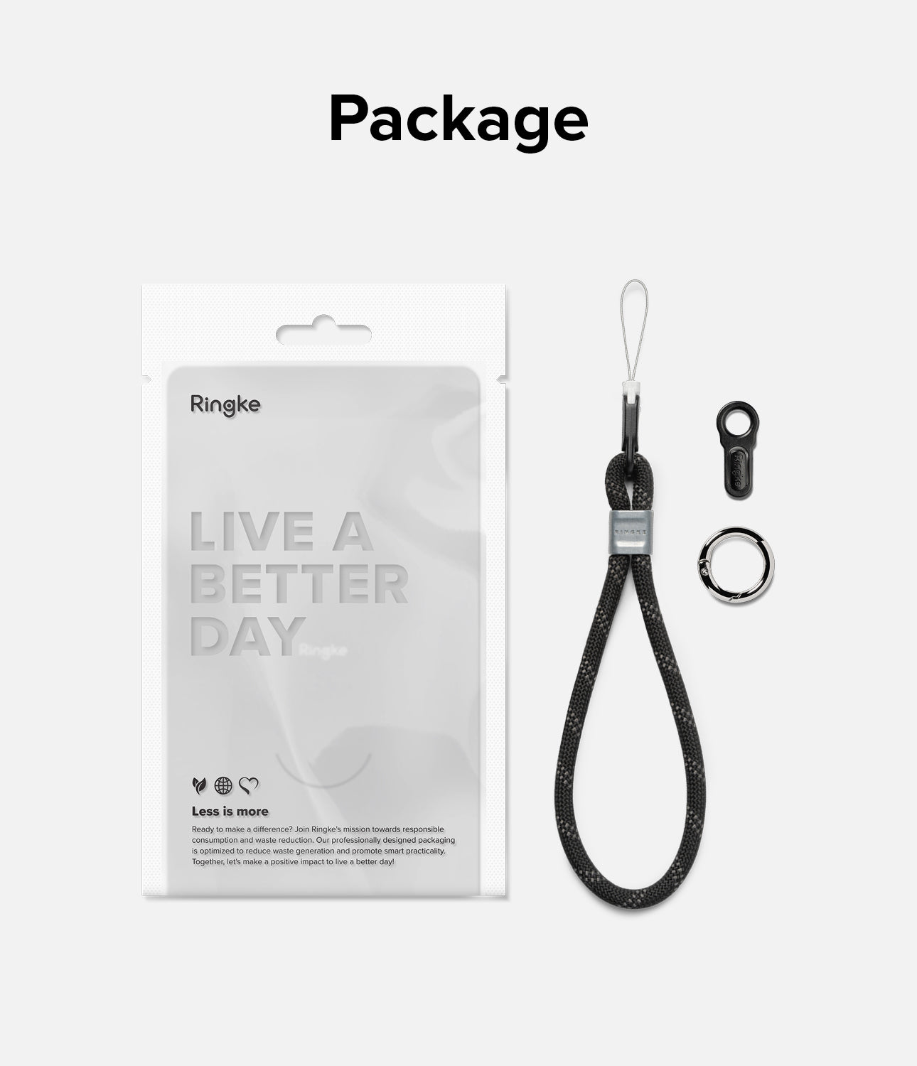Rope Hand Strap - Black rope wrist strap with metal hardware, a small black connector, and a silver ring in retail packaging.