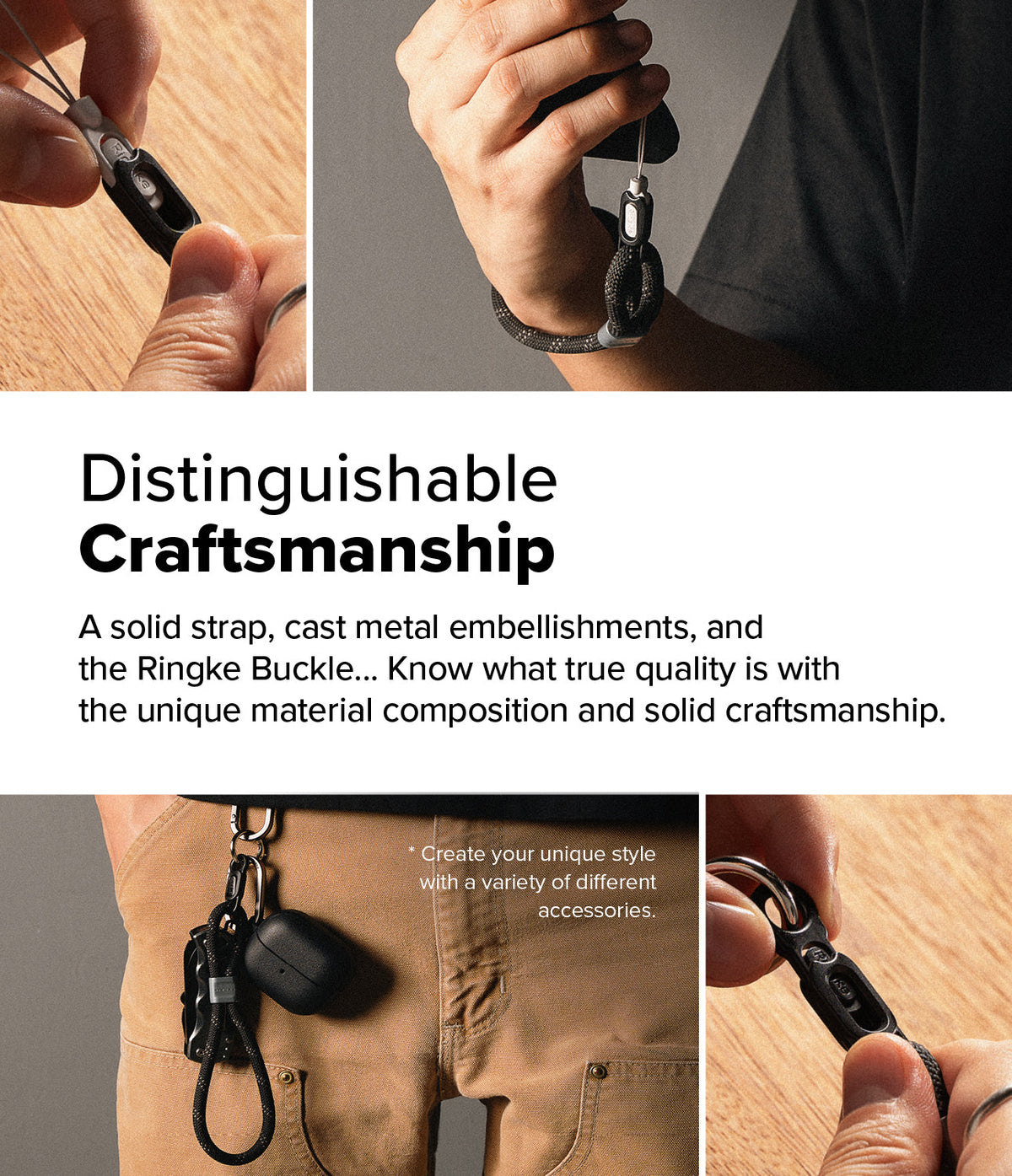 Rope Hand Strap - Close-ups of a durable black rope wrist strap with metal buckles attached to a phone and accessories.