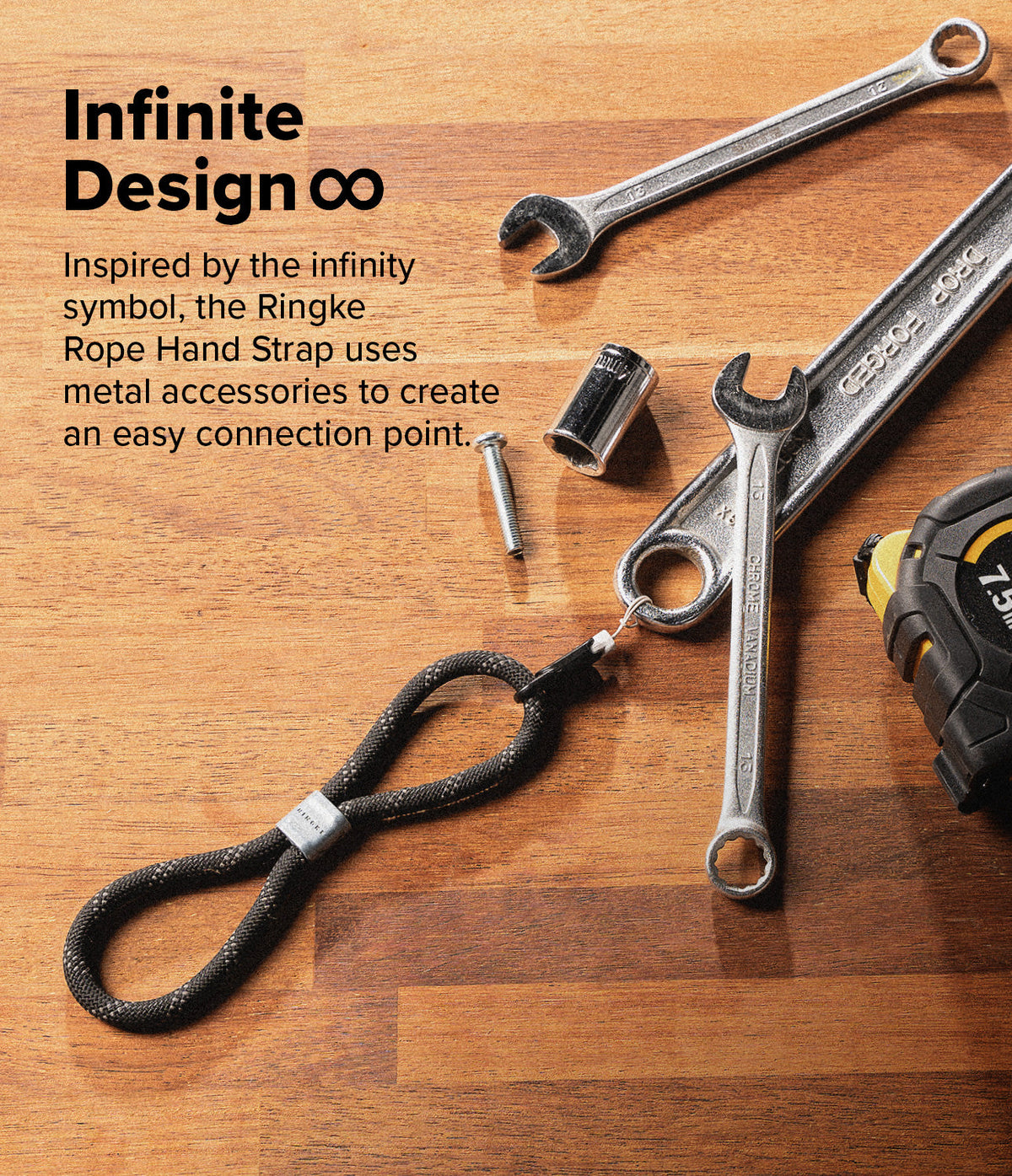 Rope Hand Strap - Black rope hand strap shaped like an infinity symbol on a wooden table with various metal tools.