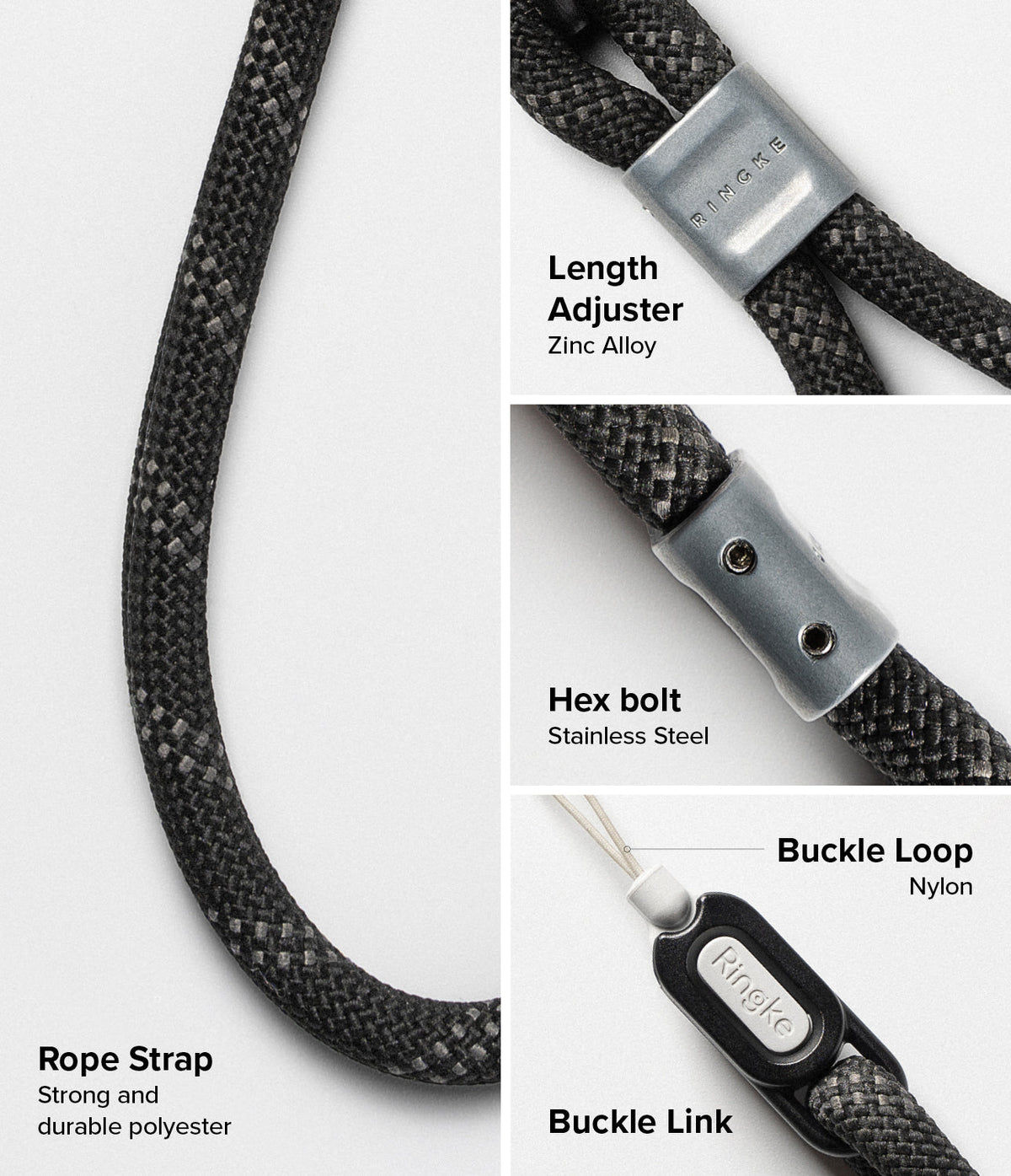 Rope Hand Strap - Close-up of black polyester rope strap with zinc alloy adjuster, stainless steel hex bolt, and buckle link.
