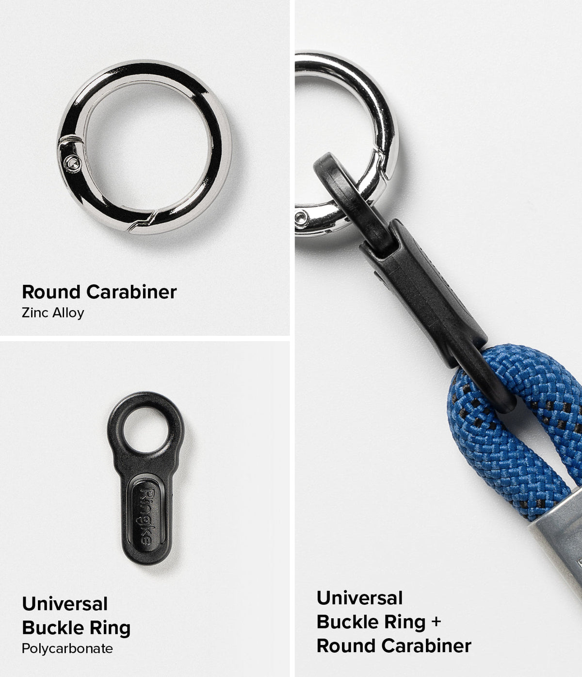 Rope Hand Strap - Components showing a zinc alloy round carabiner, a polycarbonate universal buckle ring, and assembly.