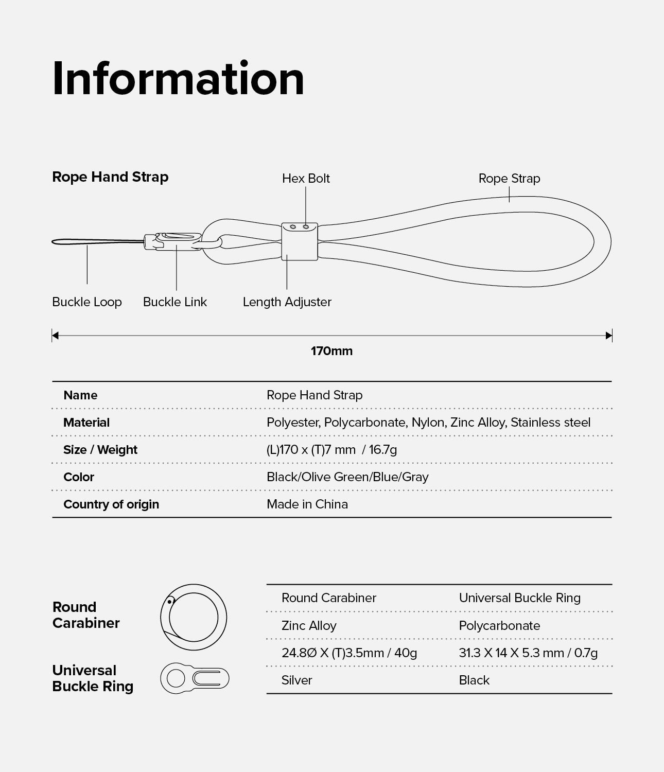 Rope Hand Strap - Technical diagram showing strap components, dimensions, materials, and specifications for the strap and rings.