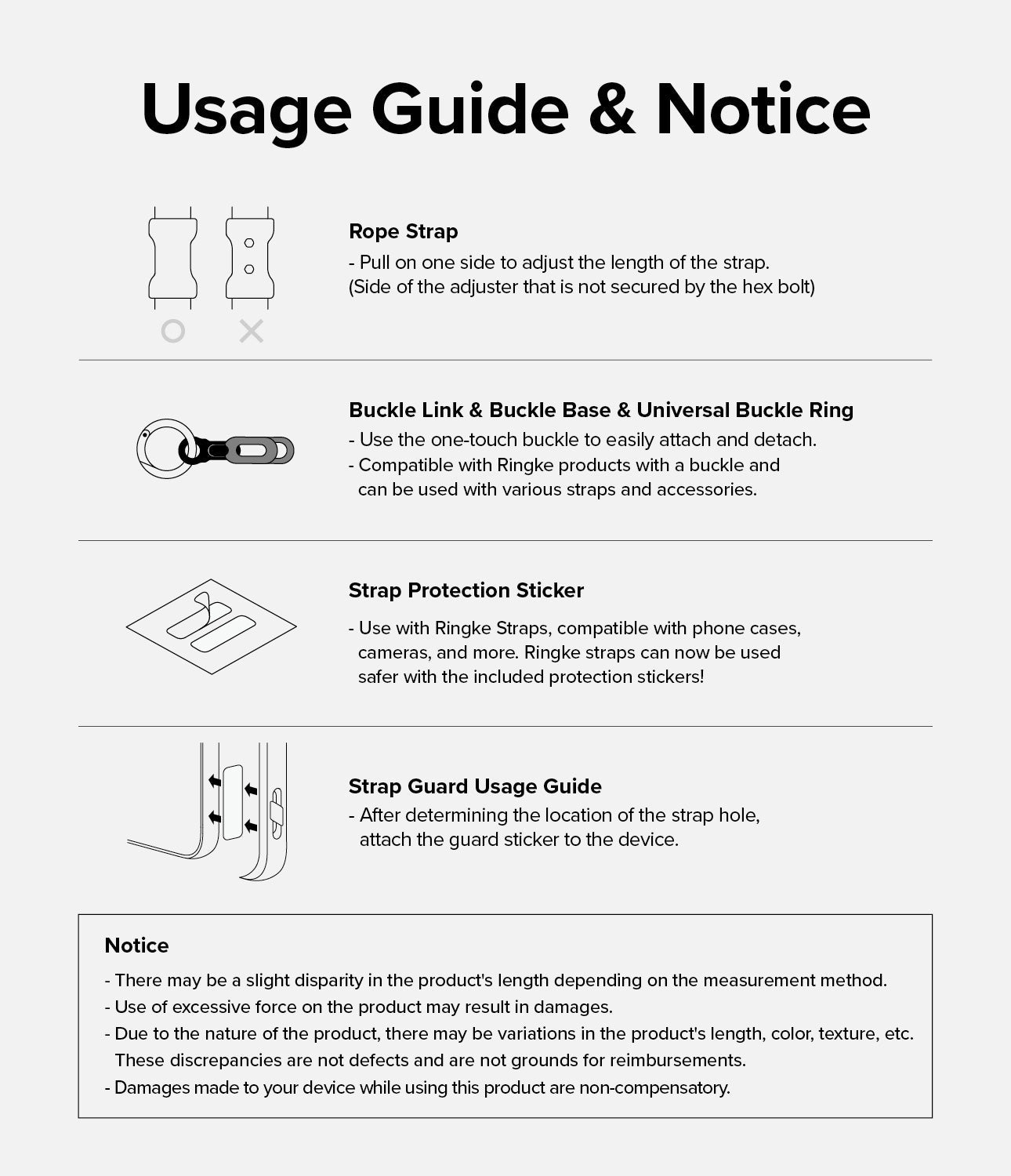 Rope Hand Strap - Instructional diagram showing how to adjust, attach, and protect the strap with stickers and buckles.
