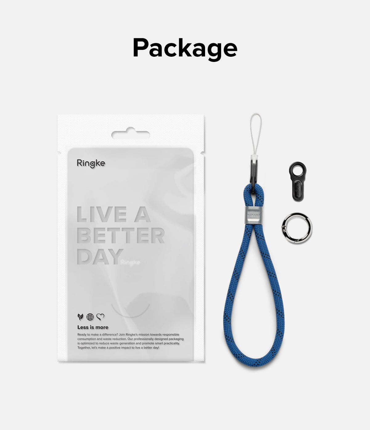 Rope Hand Strap - Blue braided rope wrist strap with metal hardware, a small black clip, and a ring next to its packaging.