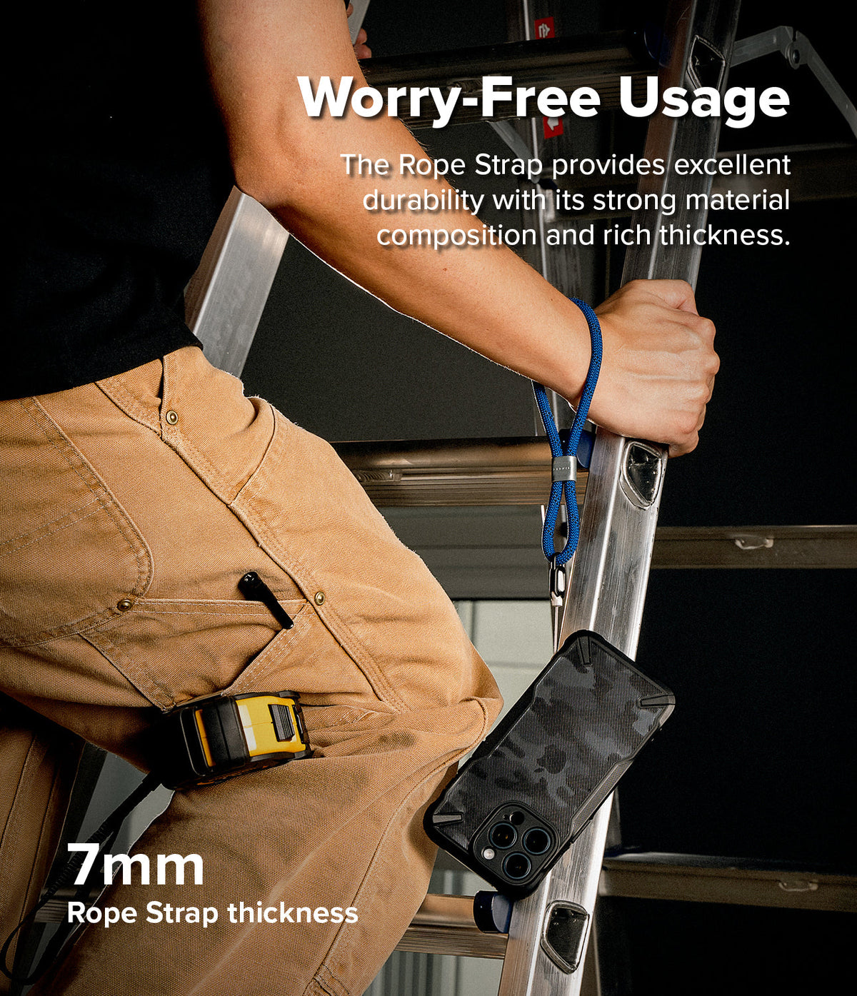Rope Hand Strap - A blue rope strap attached to a phone, worn by a person climbing a metal ladder.