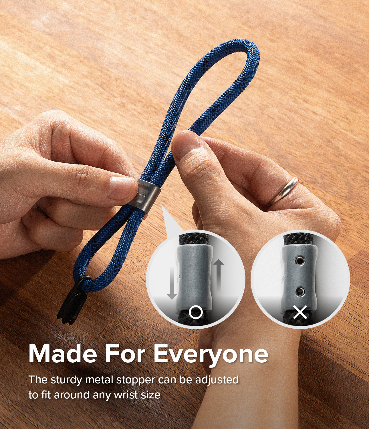 Rope Hand Strap - Hands adjusting a blue rope strap with a sliding metal stopper, showing correct and incorrect usage.