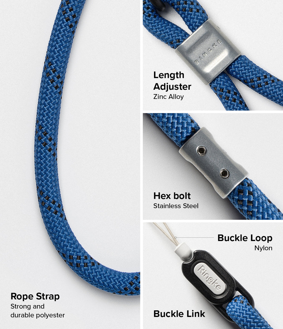 Rope Hand Strap - Blue polyester rope strap featuring a zinc alloy length adjuster, stainless steel bolt, and buckle link.