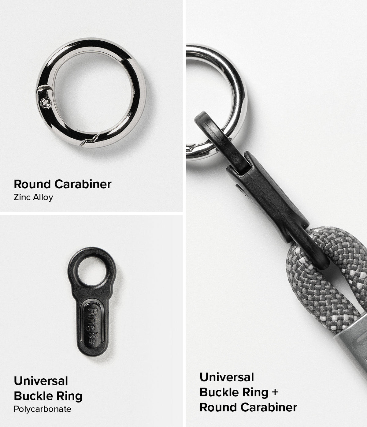 Rope Hand Strap - Zinc alloy round carabiner, polycarbonate universal buckle ring, and their combined assembly.
