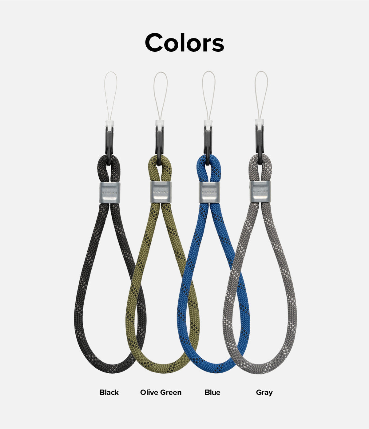 Rope Hand Strap - Four rope hand straps in black, olive green, blue, and gray, each with a metal clasp and loop.
