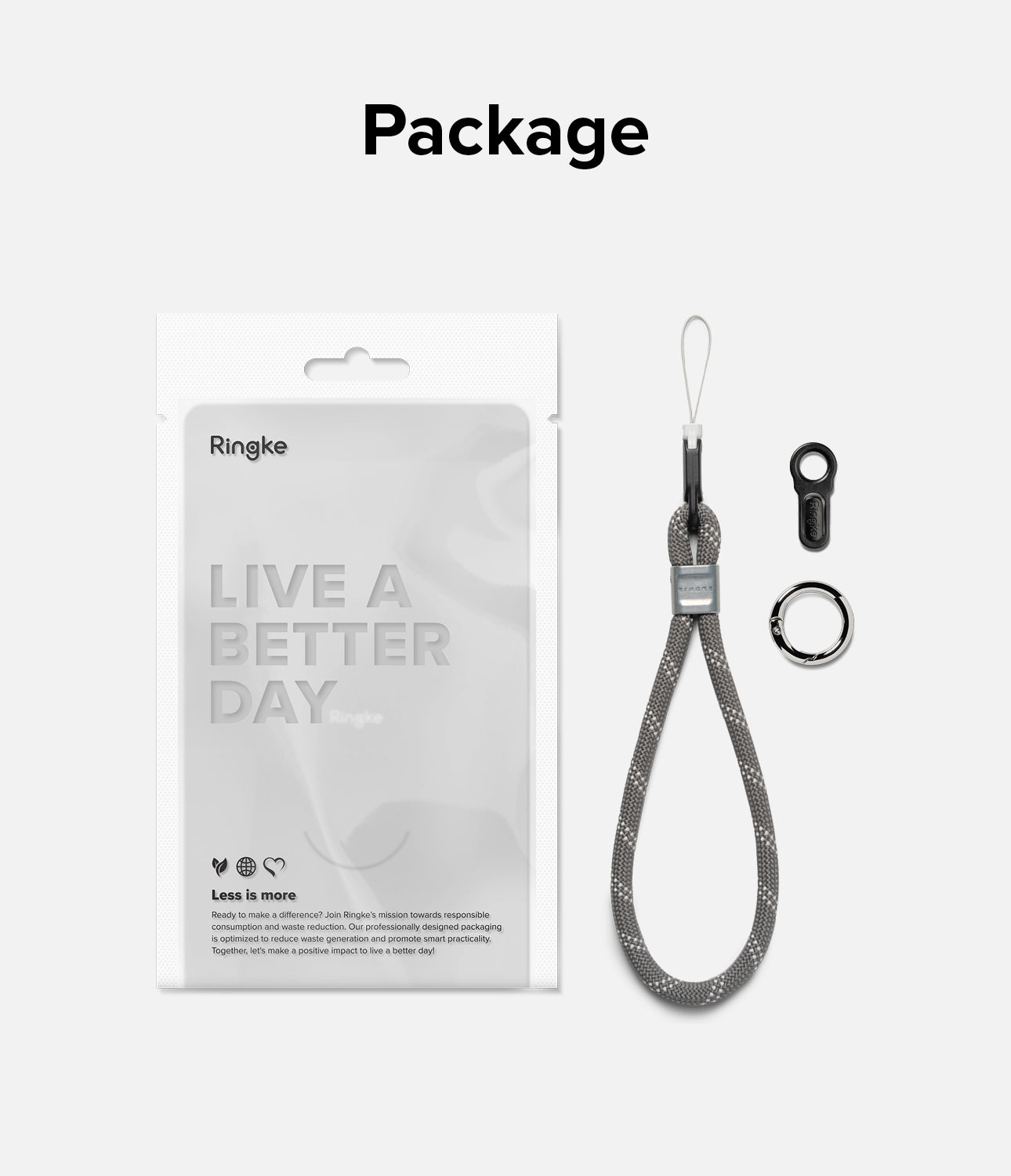 Rope Hand Strap - Gray rope wrist strap with metal connector, black attachment, and silver ring next to branded packaging.