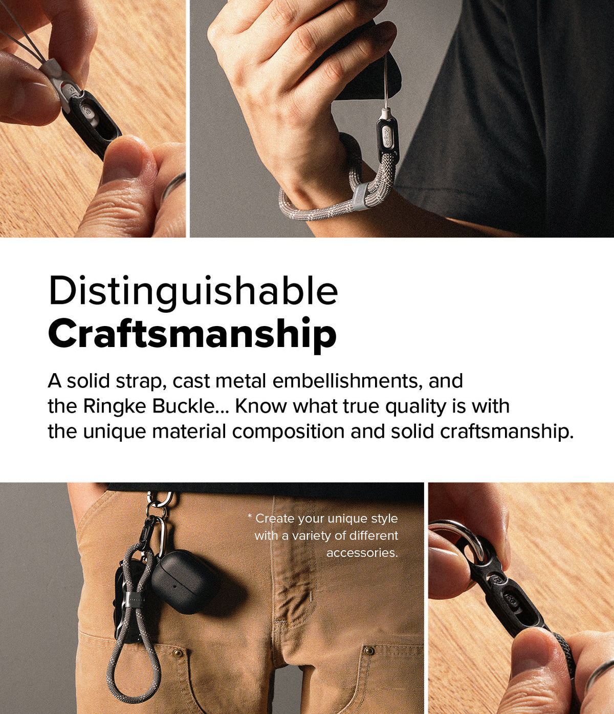 Rope Hand Strap - Close-ups of a grey woven rope strap with a black metal buckle attached to a phone and accessories.
