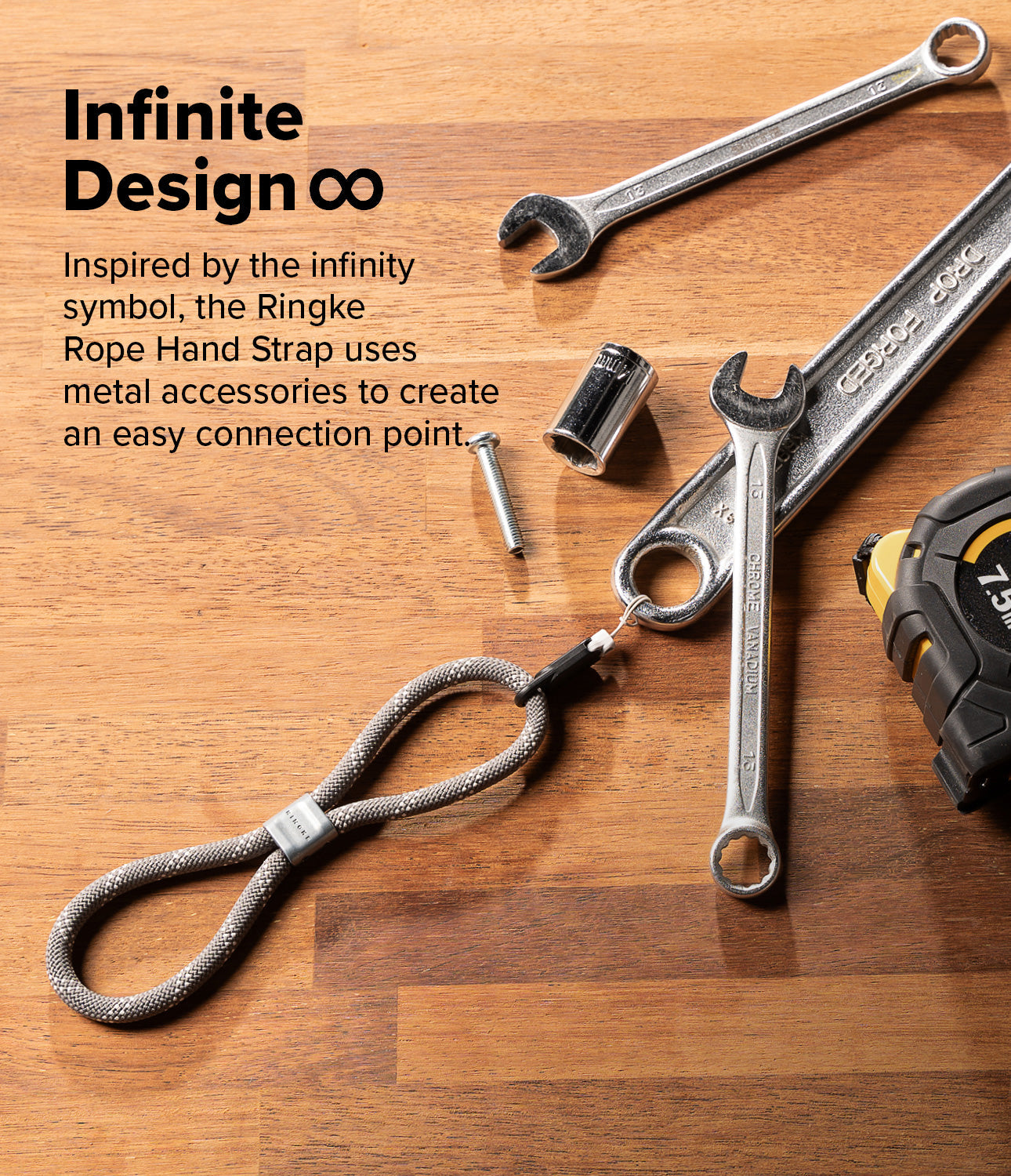 Rope Hand Strap - Gray rope hand strap with infinity loop design resting on a wooden table surrounded by metal tools.
