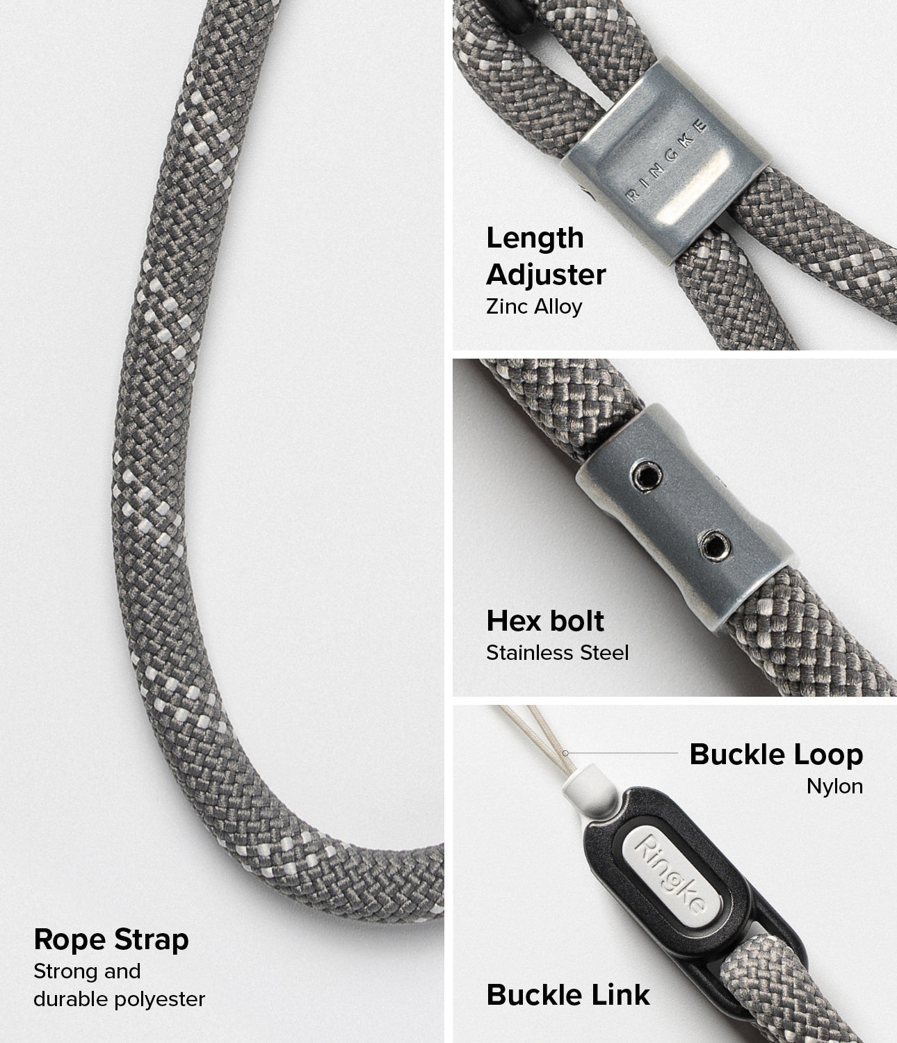 Rope Hand Strap - Close-up of gray polyester rope strap with zinc alloy adjuster, stainless steel hex bolt, and buckle link.