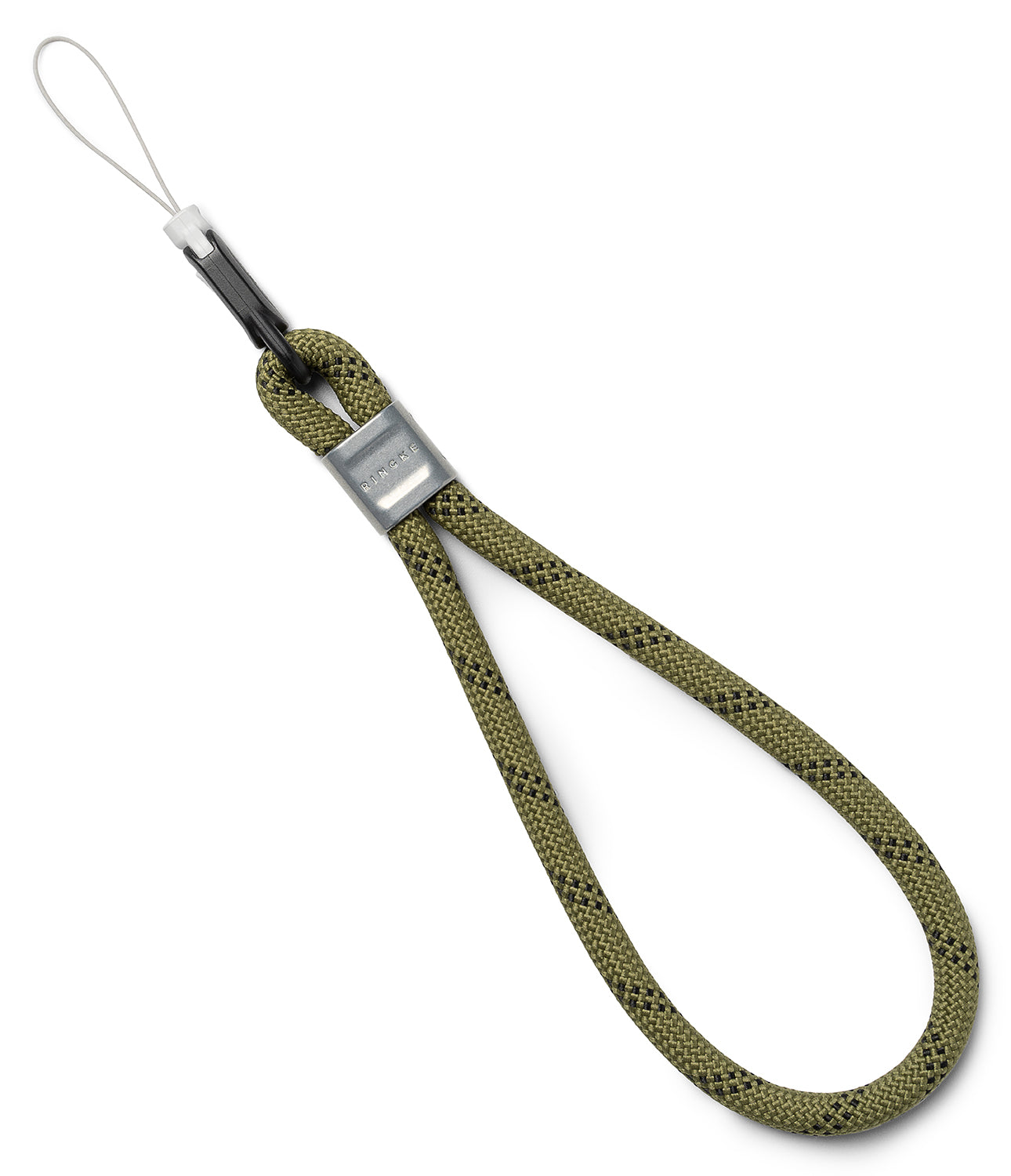 Rope Hand Strap - Olive green braided rope wrist strap with a silver Ringke metal clasp and black attachment loop.
