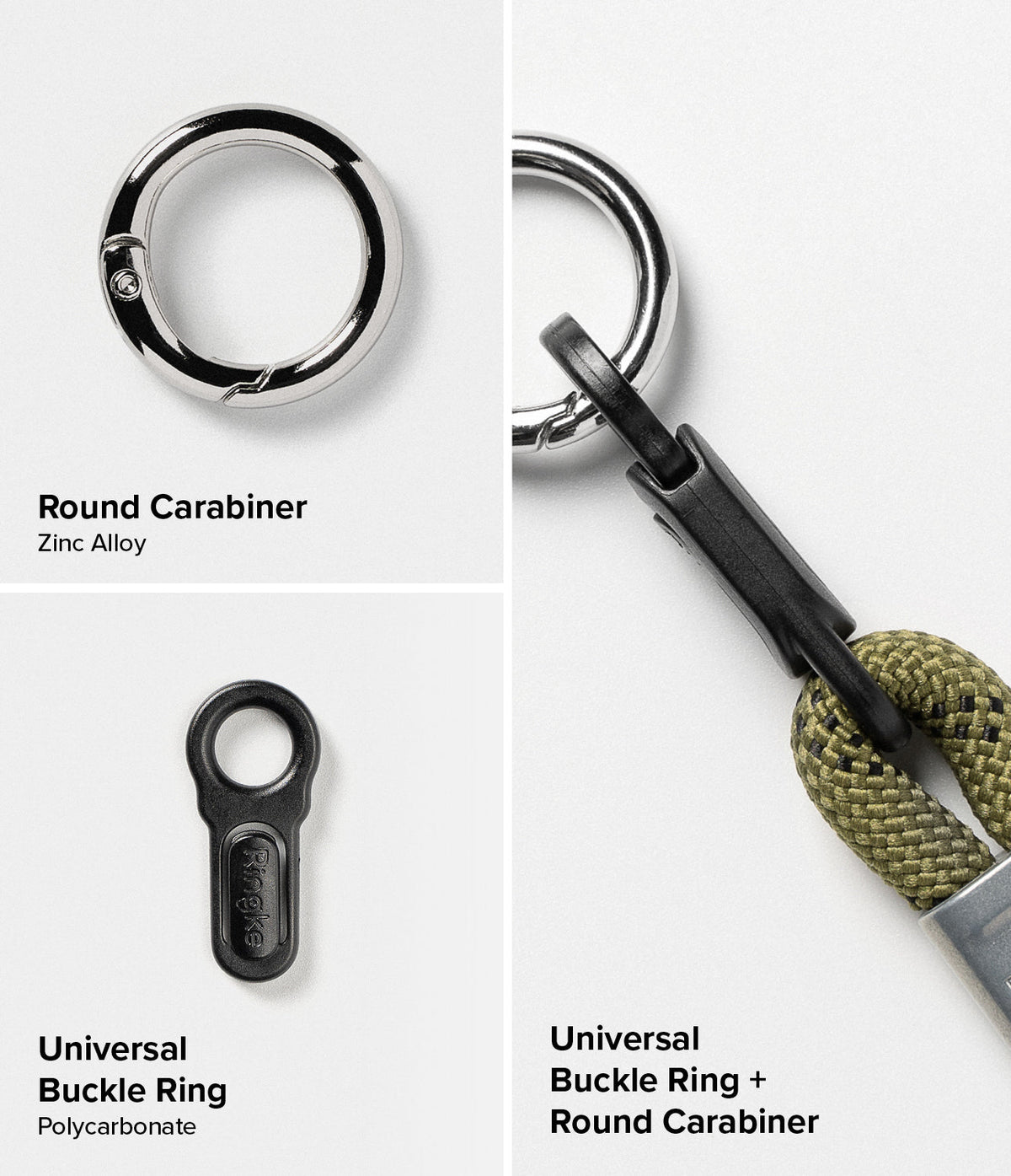 Rope Hand Strap - Components including a zinc alloy round carabiner, polycarbonate universal buckle ring, and assembly.